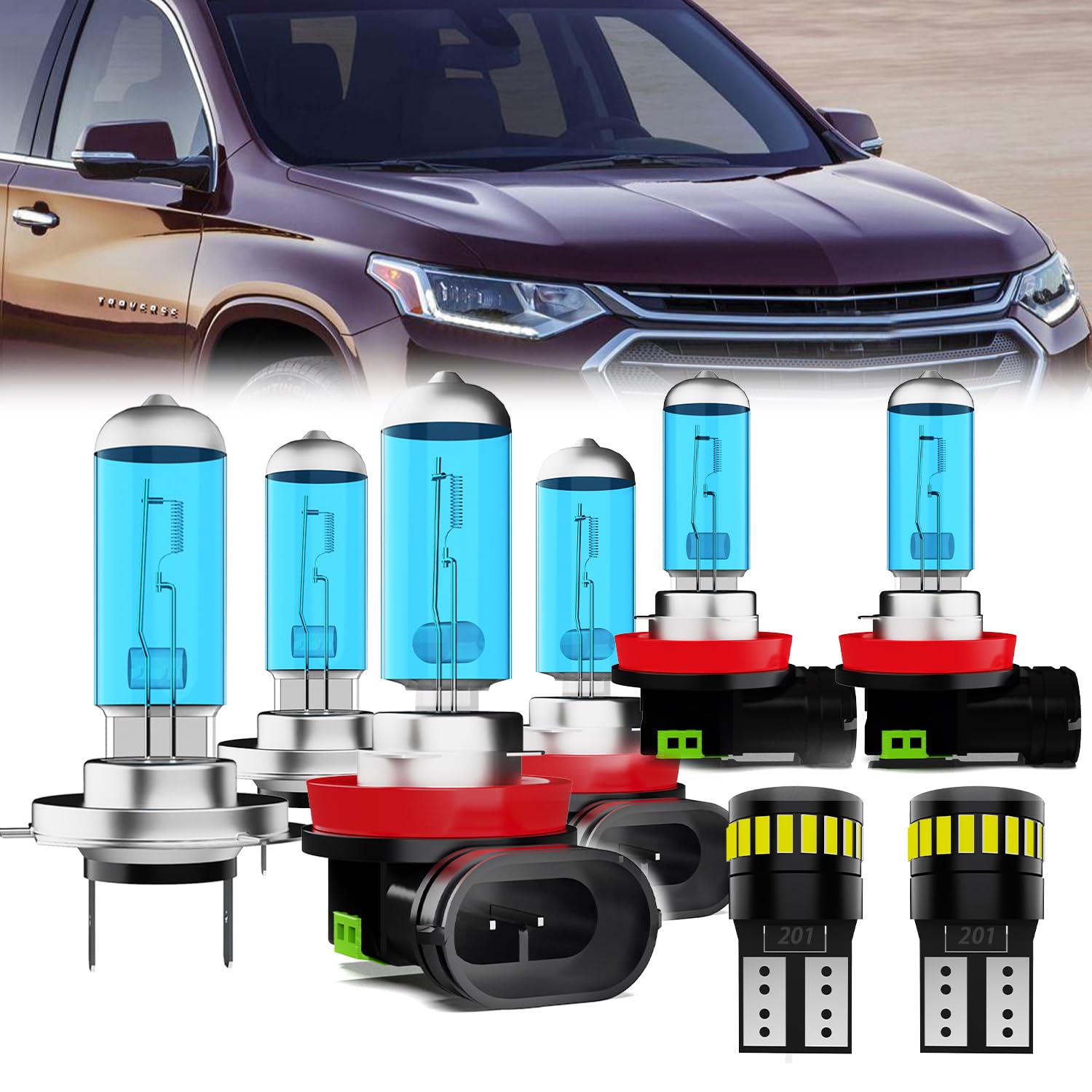 LECCIBUB Headlight Bulbs License Plate Lights Fit For Chevy Traverse 2013-2018, H7 High Beam + H11 Low Beam + H11 Fog Lights Halogen Light Bulb +
