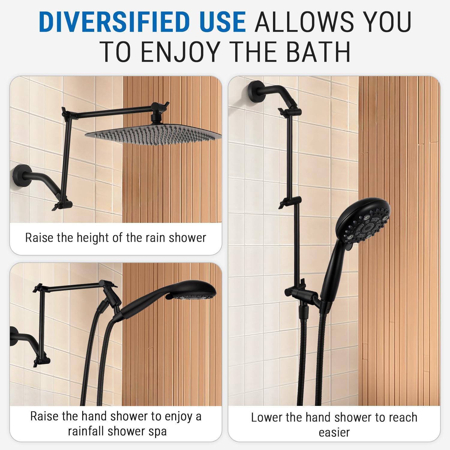 G-Promise 18 Inch Shower Head Extension Arm with Shower Arm and Flange, Solid Brass Flexible Height & Angle Extender with Lock Joint, Compatible with Rainfall and Handheld Showerhead (Matte Black)