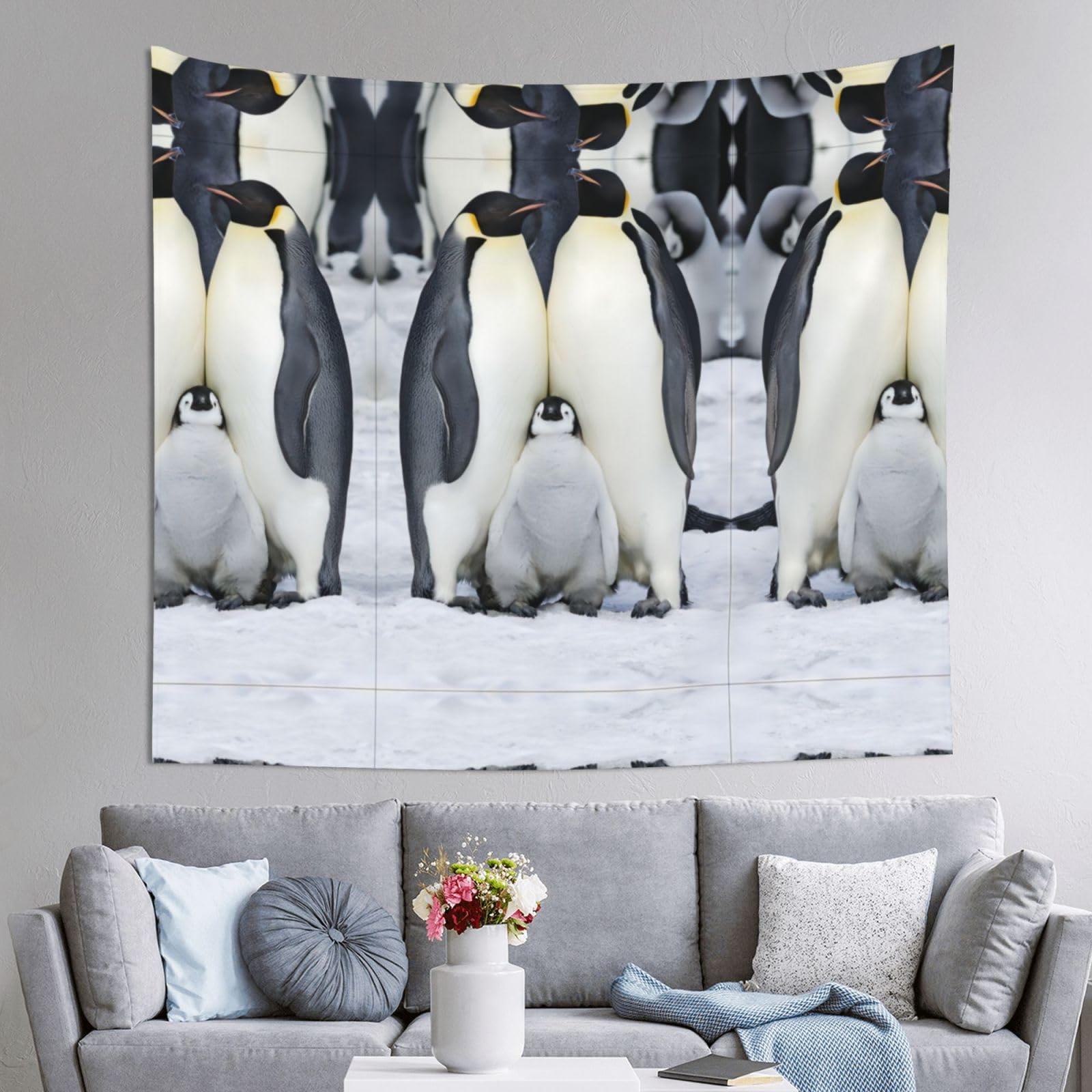 HLSBSSL 60x51in Cute Penguins Family Printed Tapestry Tablecloth for Dormitory and Picnic Rooms - Multifunctional Fabric Hanging