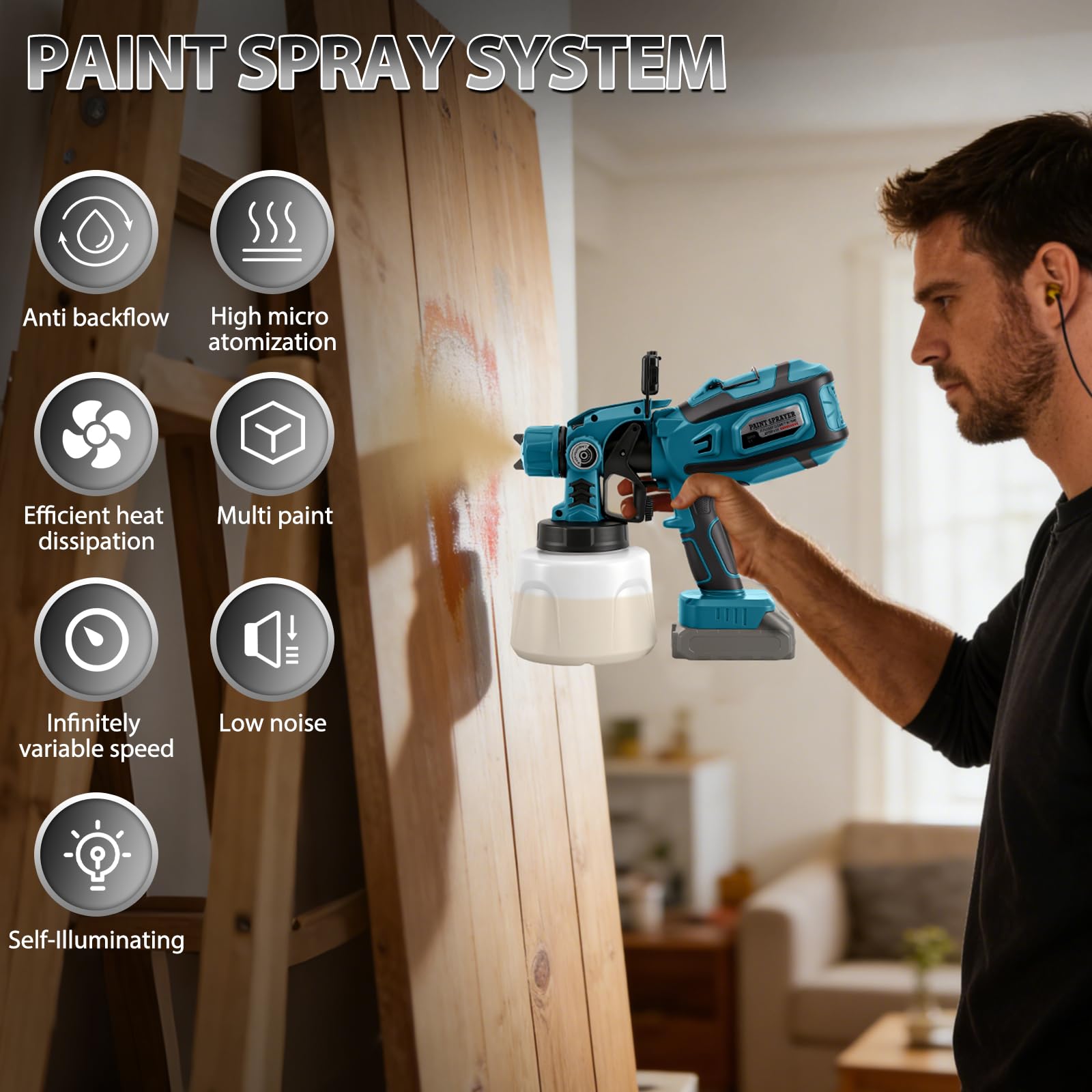 Pulverizador de Pintura Inalámbrico con LED para Makita 18V (sin batería) | 200W, Sistema de Pintura Eléctrico, Depósito 1,4L, 3 Patrones, 5 Boquillas, Cepillo, Guantes, Gafas