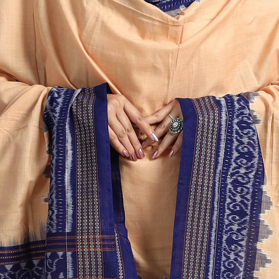 Image of Cotton Dupatta with weaving and Ikat woven border from the Weavers Stole for Girls & Women