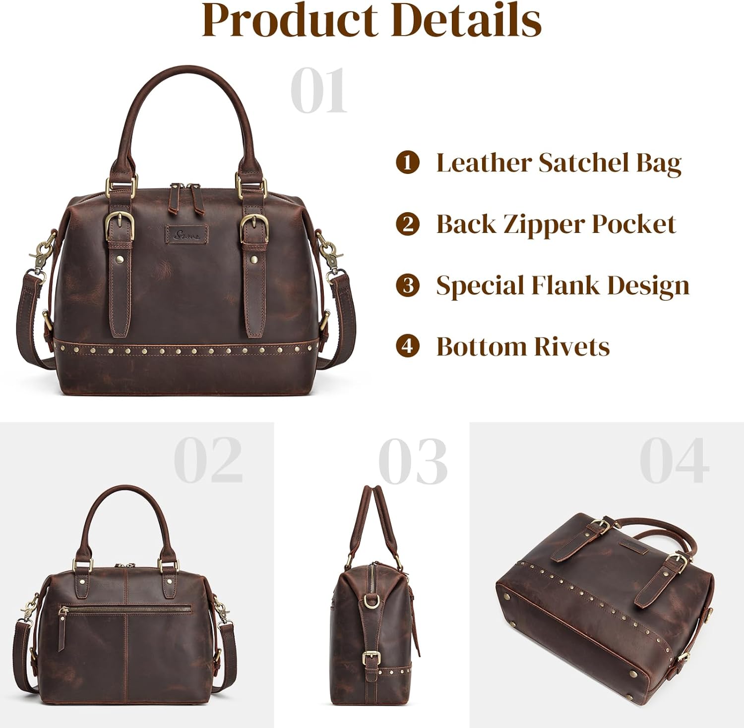 S-ZONE Top Grain Leather Crossbody Bag for Women Doctor Bag Shoulder Purses Satchel Purse