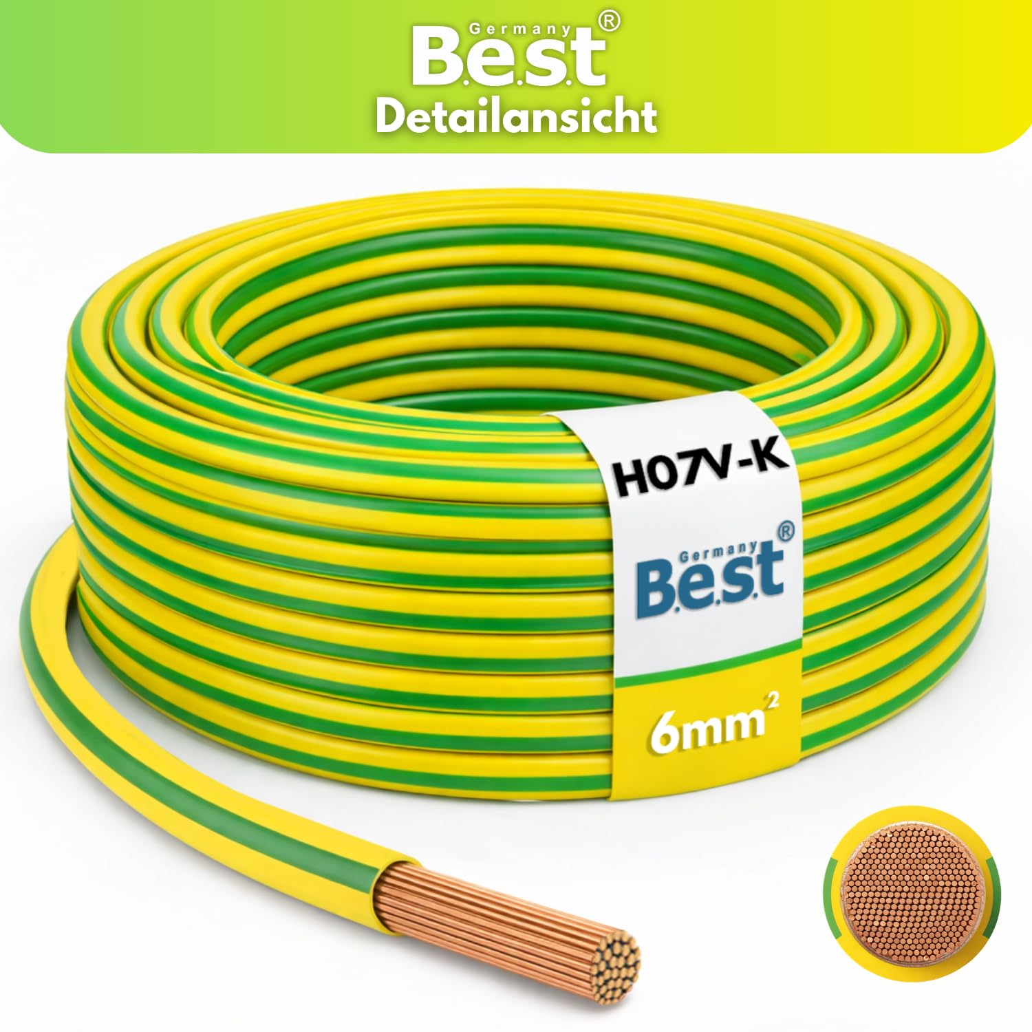 Cavo di messa a terra, 25 m, 6 mm², flessibile, in PVC H07V-K, per impianti PV, cavo di cablaggio, tubo di installazione, filo di rame, conduttore di protezione NYAF, durevole e resistente al calore