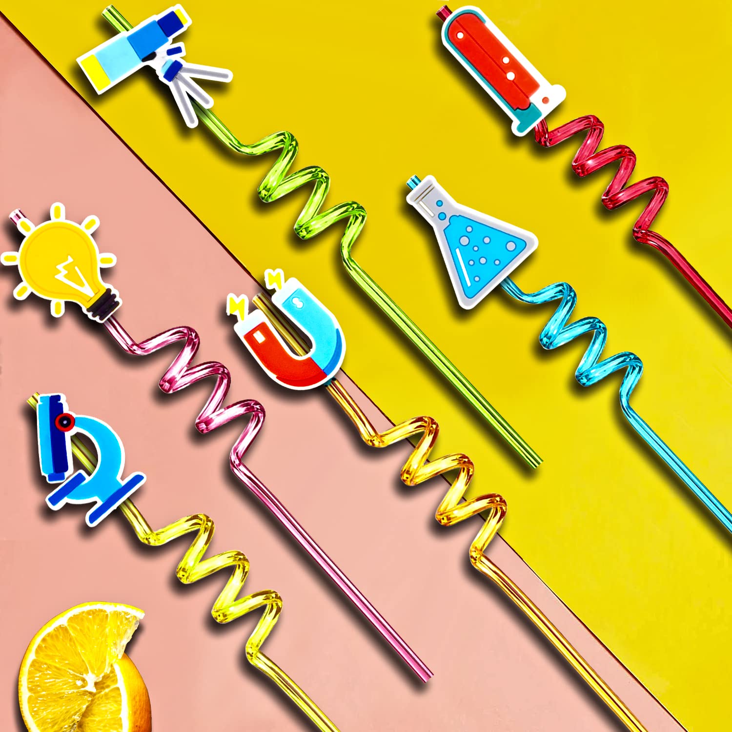 24 pajitas reutilizables de plástico con forma de tema científico, pajitas de cóctel con decoraciones de dibujos animados, suministros de fiesta de cumpleaños para niños