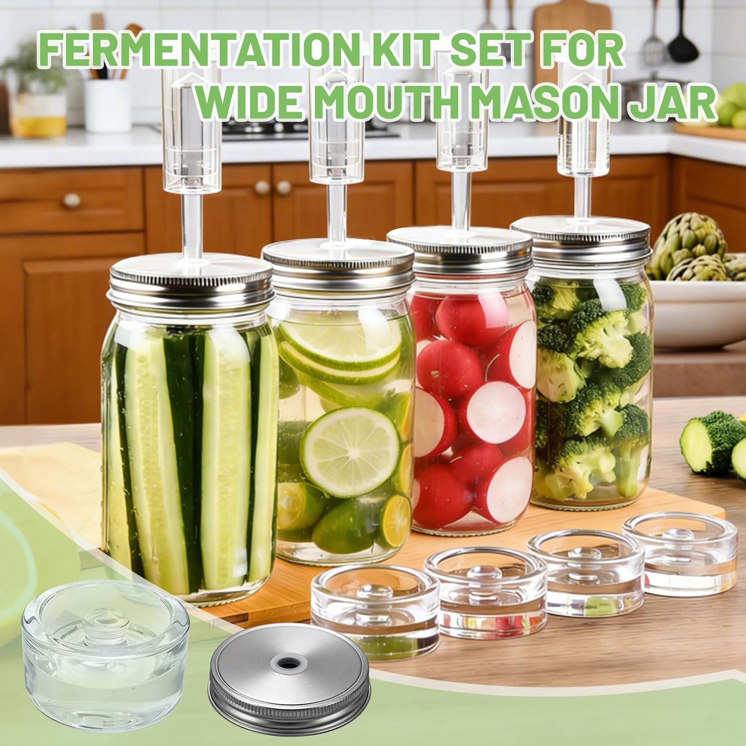 Fermentation Kit for Wide Mouth Mason fermentation Jar,Pickle sauerkraut Kit,4 Fermentation Lids,4 Glass Fermentation Weights,1Wooden Brush Cleaner(Jars Not Included)
