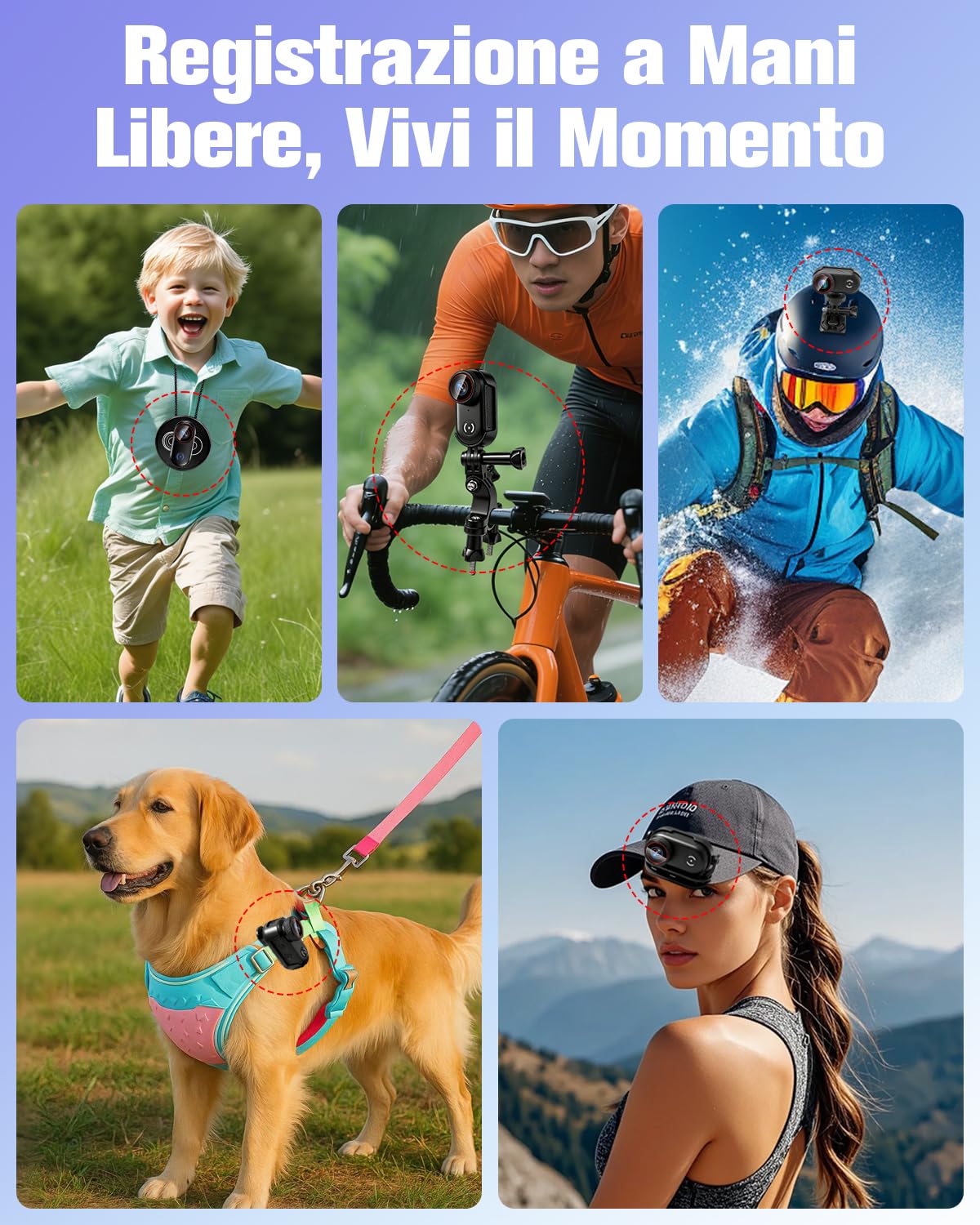 Generico Action Cam 4K, Mini Body Cam WiFi, 360° Portatile Telecamera Sportiva, Moto Videocamera POV Magnetica, Telecamera Casco con Accessori Multifunzione per Ciclismo, Animali Domestici, Vlogging