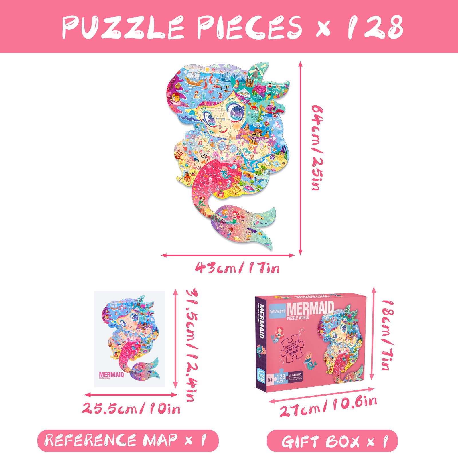 FORMIZON Puzzle per Bambini, 128 Pezzi Puzzle Bambini Jigsaw, Puzzle Rotondo Per Bambini, Ragazza Ragazzo Regalo Puzzle, Educativo Giocattoli per Ragazzi Ragazze 3 4 5 6 7 8 9 Anni (Sirenetta)