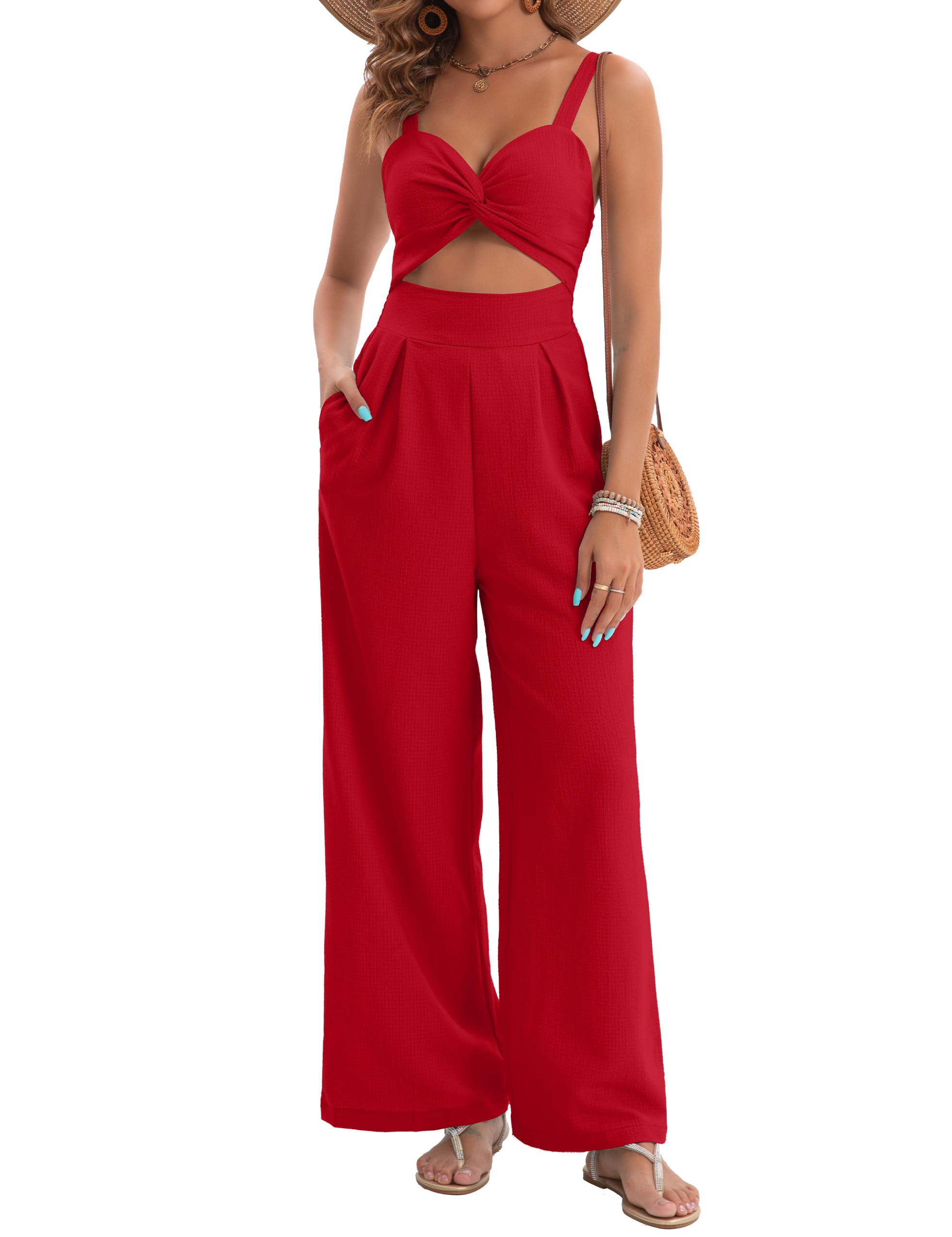 AGERWAY Womens Summer Jumpsuit Dressy Sexy V Neck Twist One Piece Outfits Sleeveless Casual Wide Leg Long Pant Rompers