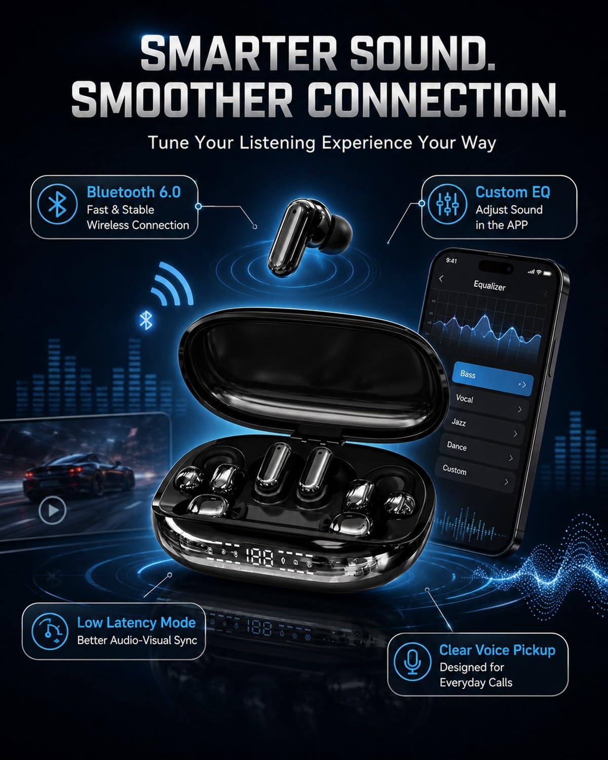 Auriculares inalámbricos Bluetooth 3 en 1 con funda de banco de energía recargable, auriculares intercambiables con clip, auriculares intraurales y para dormir, ecualizador de aplicación