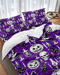 Halloween Duvet Cover Set of 4 Twin Size Crow Skull Pumpkin Comforter Sets, Cobwebs Potion Candle Hat Purple Bedding Set with Zipper Closure and 2 Pillow Cases, Soft Bed Covers for All Season