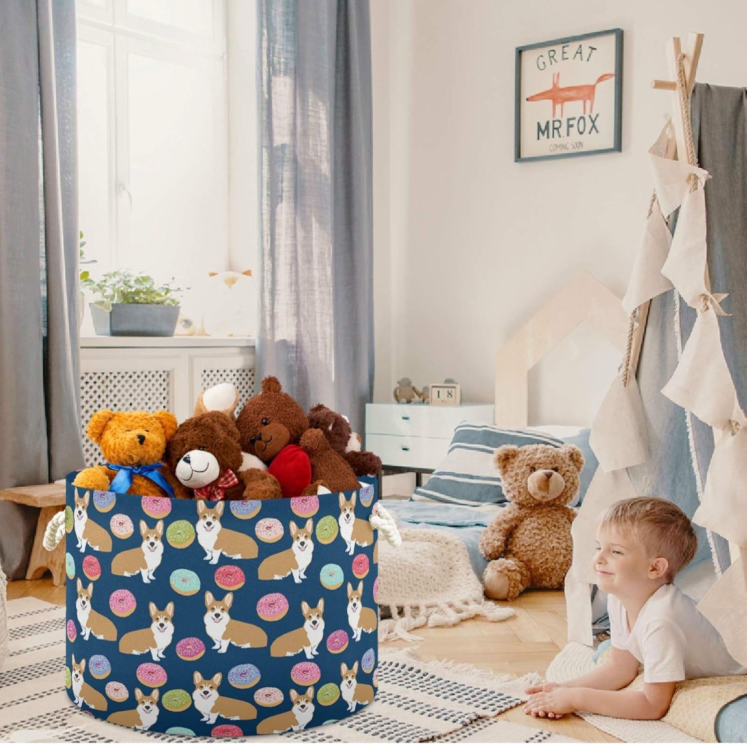visesunny Collapsible Large Capacity Basket Corgi Dog Colorful Donut Clothes Toy Storage Hamper with Durable Cotton Handles Home Organizer Solution for Bathroom, Bedroom, Nursery, Laundry,Closet