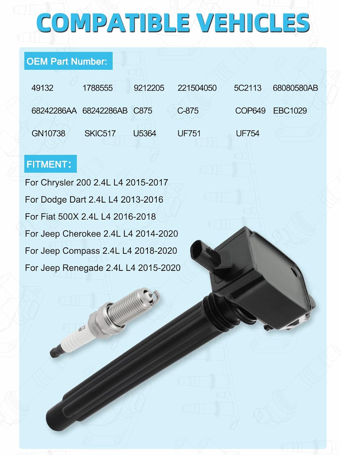 Set Of 4 UF751 Ignition Coil Pack & Iridium Spark Plugs (2.4L Only) 2013-2020 For Jeep Cherokee Compass Renegade,For Chrysler 200,For Dodge Dart,For Fiat 500X,Replace # U5364 68242286AB UF754