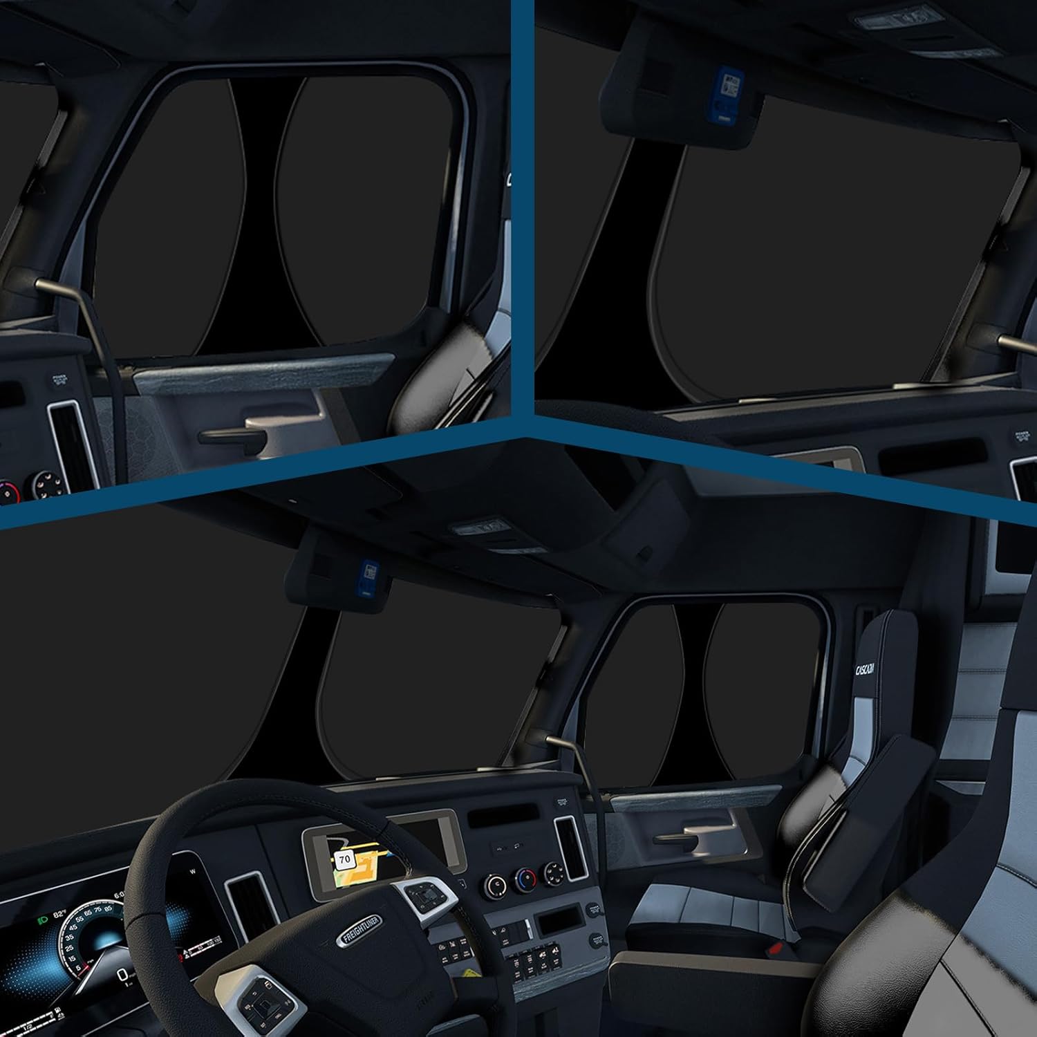 6 Layers Semi Truck Window Shades Custom Fit 2018-2026 Freightliner Cascadia, 3 Set Front Windshield and Side Windows Foldable Sun Protector Privacy Cover