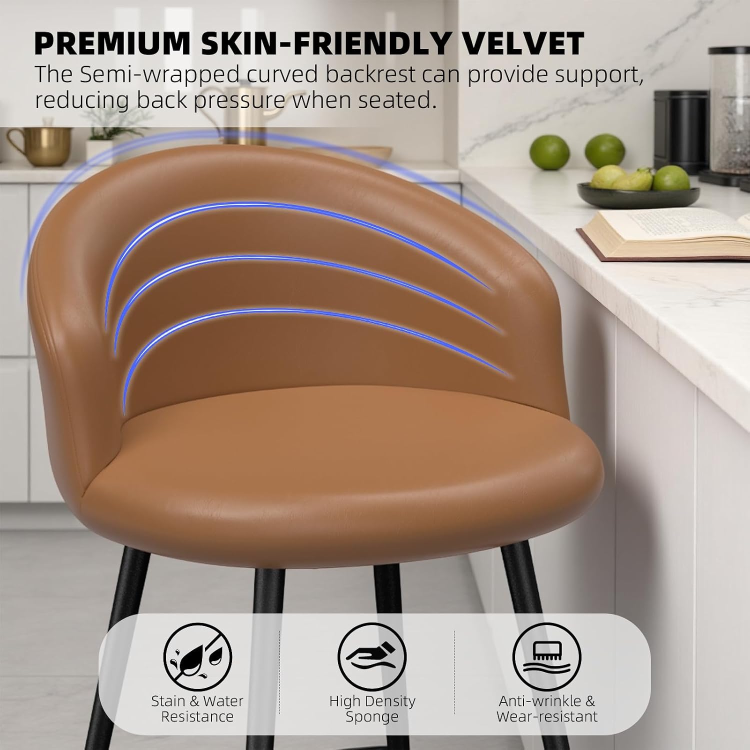 24" Counter Height Barstools Set of 4, Upholstered Bar Stools with Backs and Metal Legs, Faux Leather Barstools for Kitchen Island, Home Dining, Pub, Brown