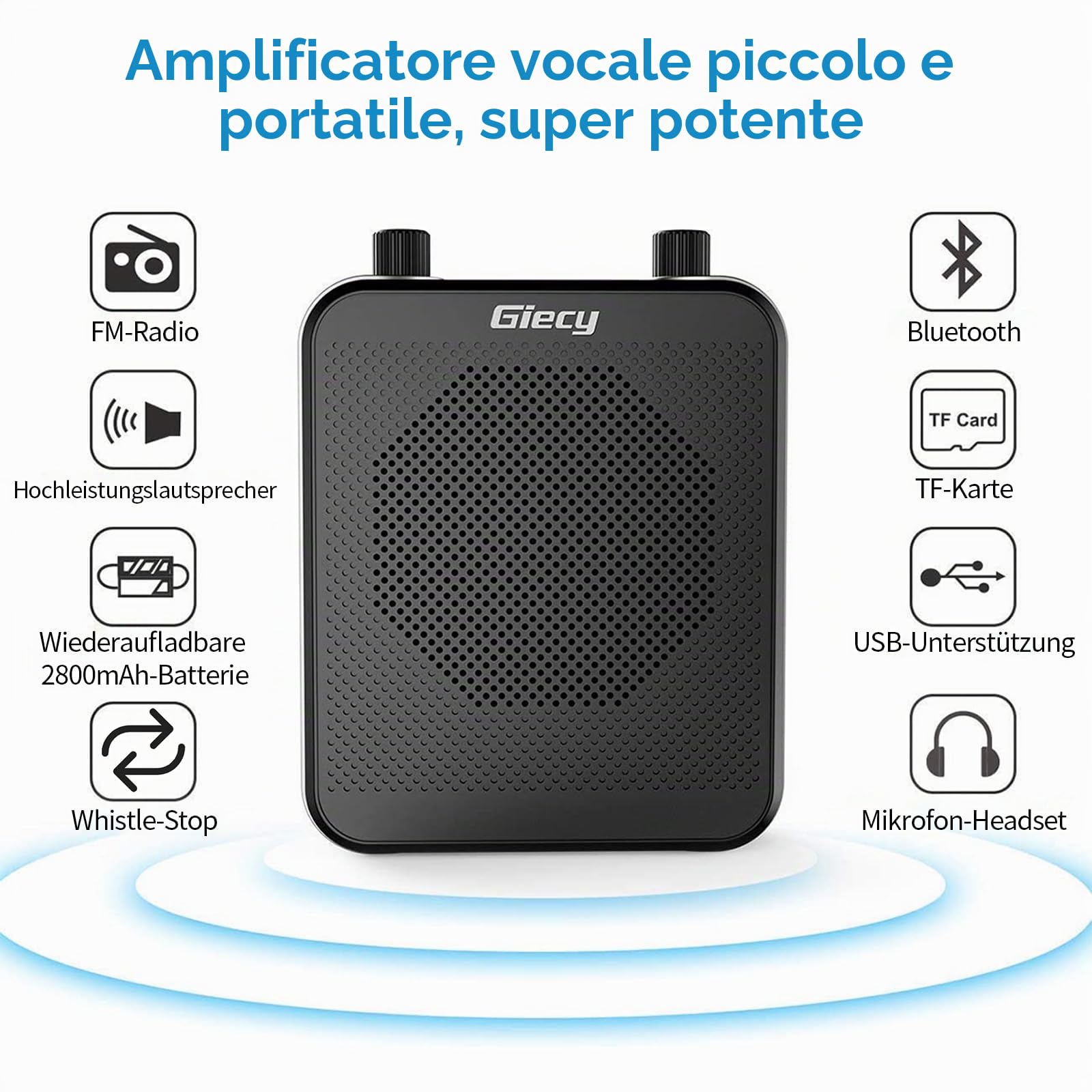 Amplificatore vocale portatile con microfono auricolare batteria ricaricabile da 30 W 2800 mAh potente sistema audio per insegnanti, guide, allenatori, presentatori1