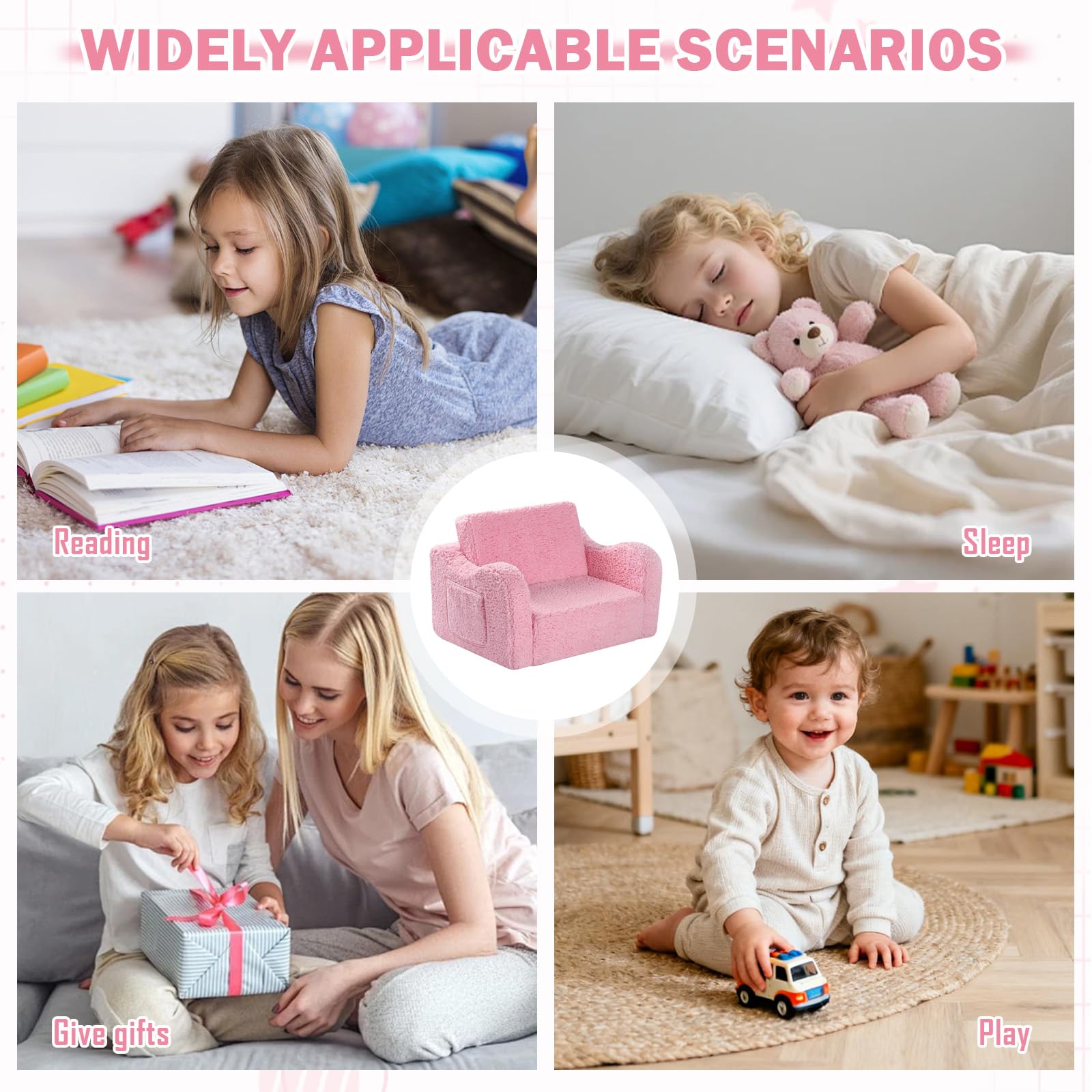 MeYuxg 3 en 1 Sofa Infantil, Sillon Bebe para Niños y Niñas, Sillón Convertible y Cama Plegable, Mini Sofá, Regalo del Niño y Cumpleaños, Rosa