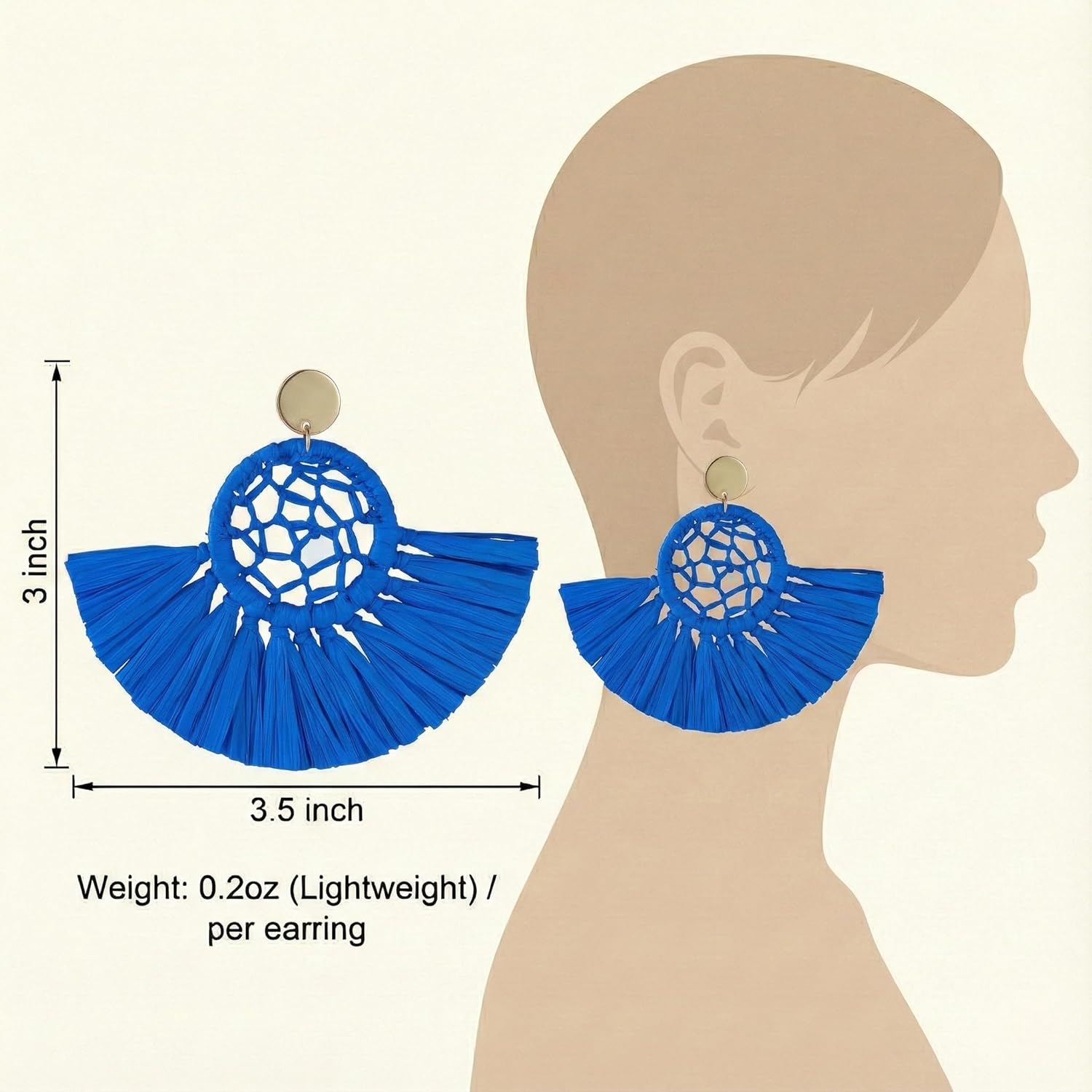 Viva Joya Boho Raffia Summer Beach Earrings for Women, Large Statement Dangle Drop, Lightweight Handmade Woven Fan Tassel Jewelry - Image 6