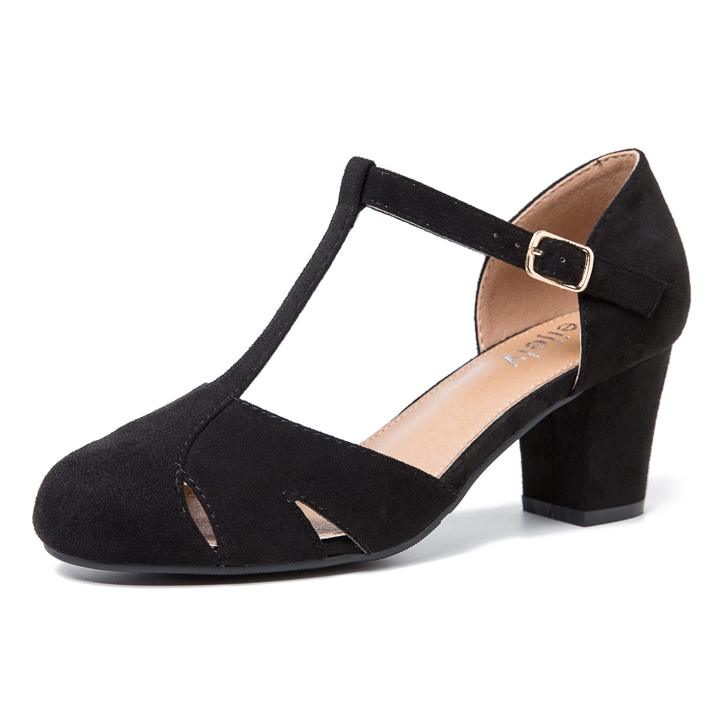 Women's T-Strap Block Heel Pumps, Ankle Buckle Closure, Classic Cut Out Round Toe Dress Shoes