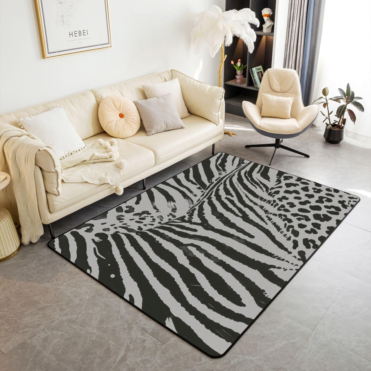 Homewish Zebra dywan z nadrukiem w panterkę 100 x 150 cm do sypialni - gepard, zebra, paski, dywany do salonu, szary, czarny, estetyczny nadruk zwierzęcy, niegubiący dywan, neutralne geometryczne