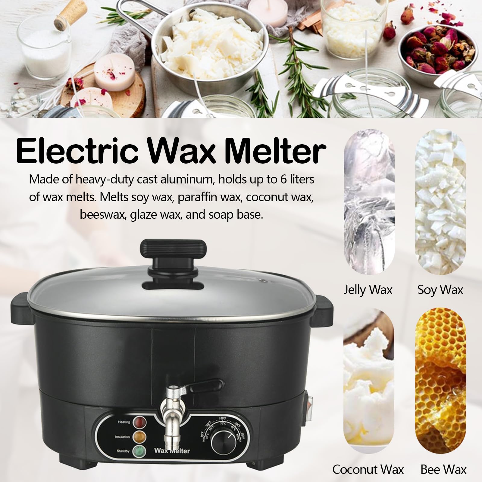 Aisny Fundidor de Cera de 6L, Crisol con Pico Vertedor Olla Grande y Controlador de Temperatura Crisol de Cera para Velas de 750W 220V Máquina para Fabricar Velas Personalizadas