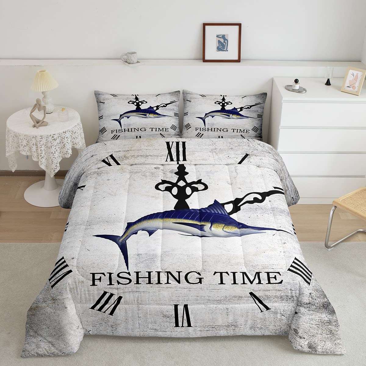 Marlin - Set di biancheria da letto per pesca in mare profondo, set di biancheria da letto per la caccia e la pesca, per ragazzi e ragazze, vita marina, decorazione per camera da letto, set copripium