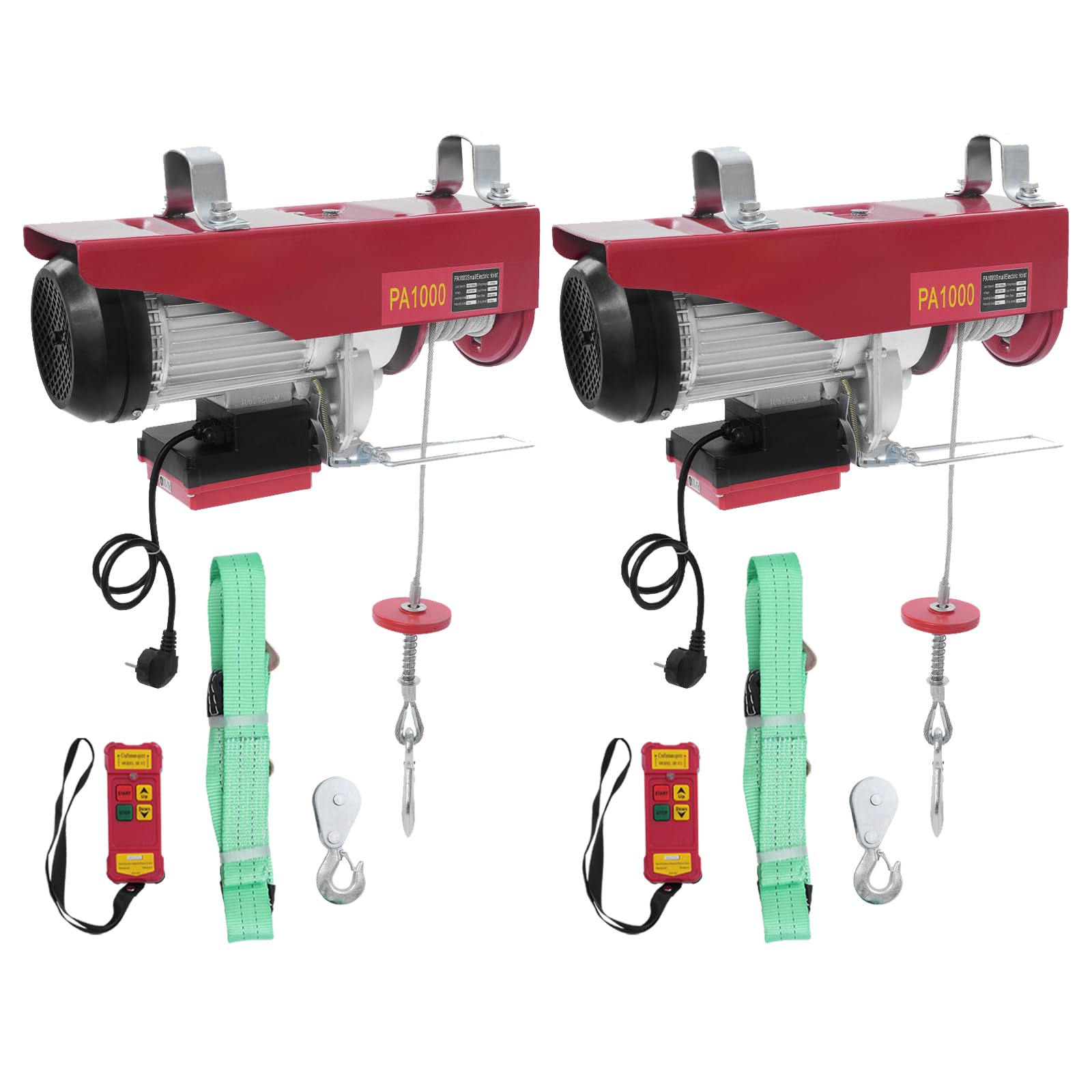 Zestaw 2 elektrycznych wciągarek linowych 1000 kg z pilotem zdalnego sterowania, wciągarka silnikowa 1800 W, linka stalowa 12 m, prędkość podnoszenia 10 m/min, w zestawie 2 x pasy i 2 x