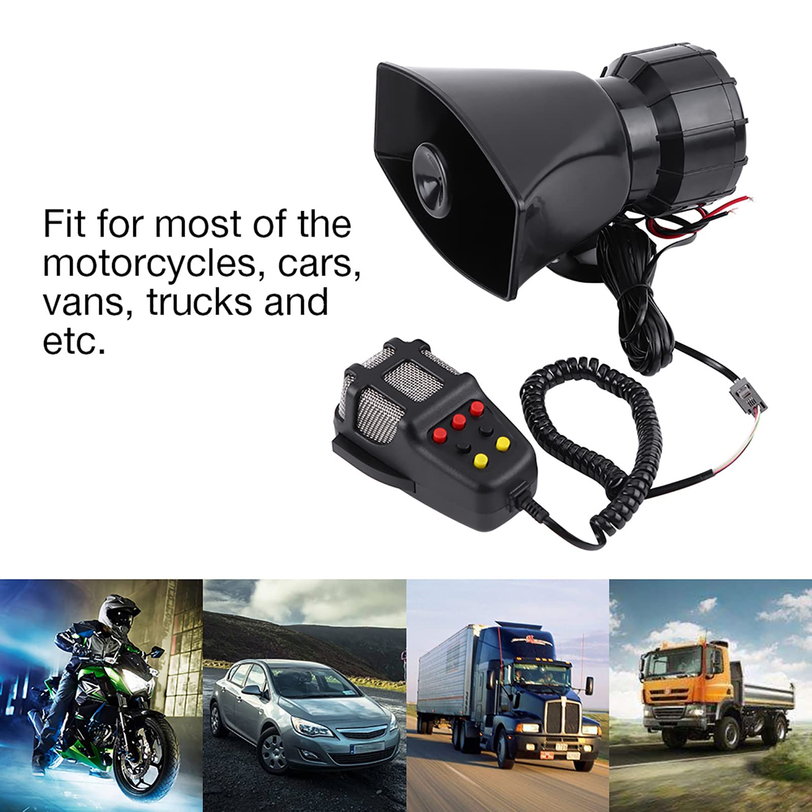 Clacson per auto con melodia, sirena per auto, 12 V, con altoparlante, clacson moto, con microfono, universale, sirena della polizia per auto, per moto, allarme stradale, vigili del fuoco malati
