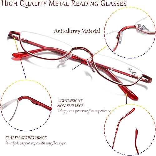 Miniatura 3 de Gafas de lectura de medio marco para mujeres y hombres, lentes de media luna, lentes de metal para lectores de lente de media luna, paquete de 3
