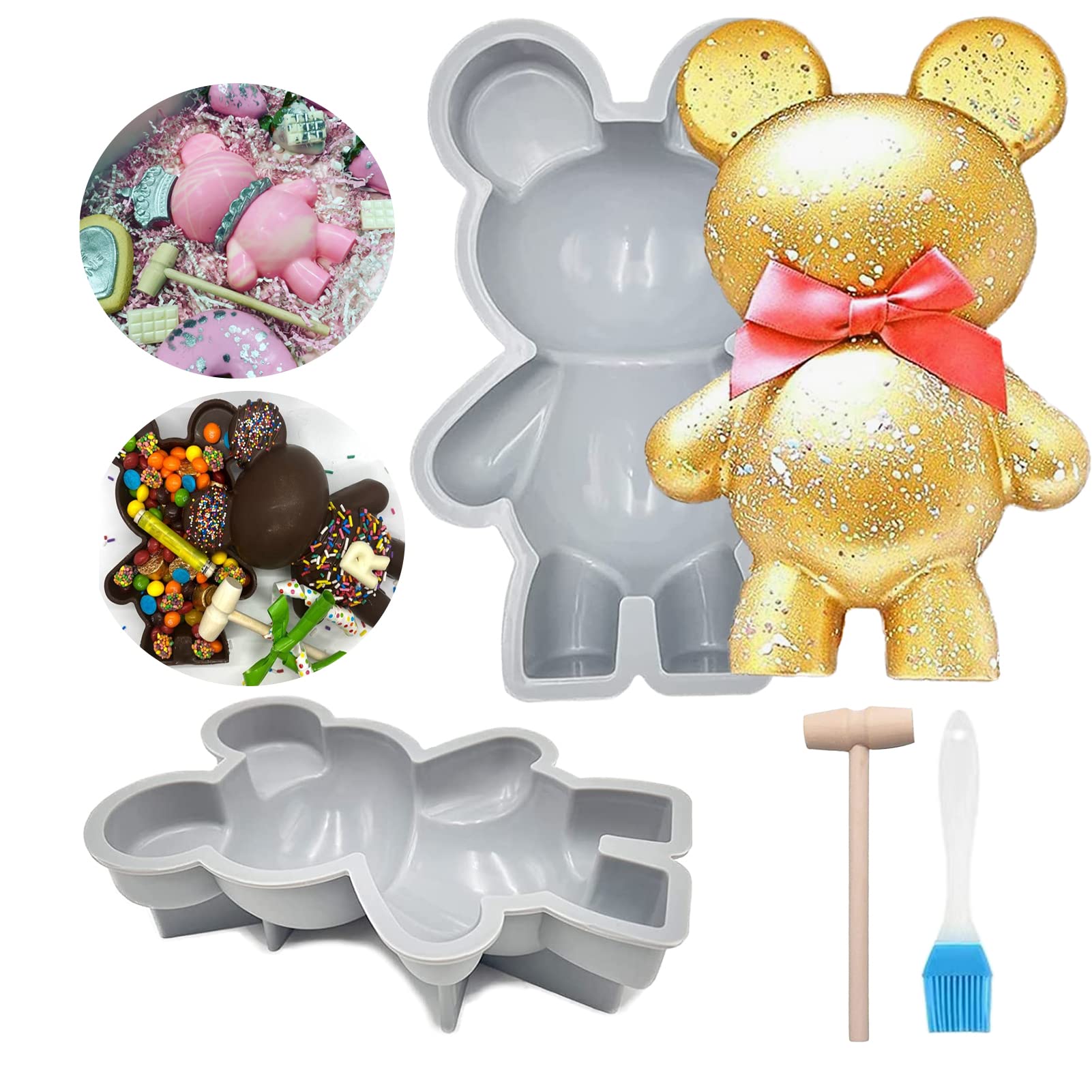 Yamteck Bear Chocolate Molds 3D Breakable 2Pack, 6.5in Large Bear Silicone Molds w 1 Hammer & Brush, Food Grade Silicone, Easy Demold. Candy Cake Mold for Easter Gift Kids Snack-Bear Shape