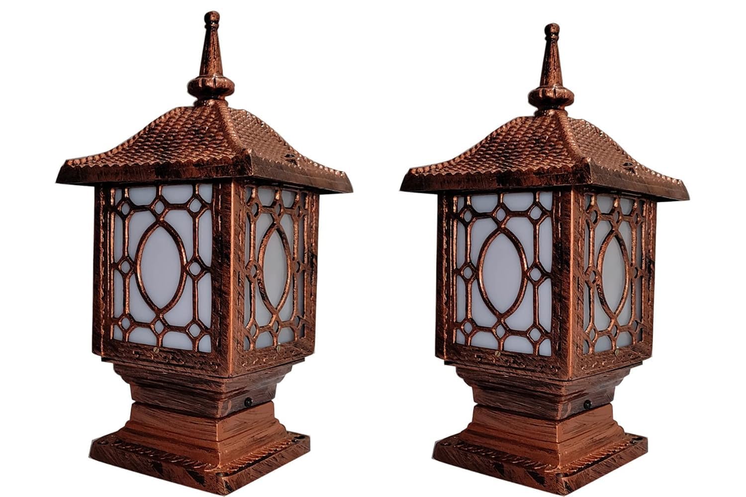 Vintage Gate Light, Copper Finish, Decorative Outdoor Pillar Lamp with Frosted Glass Panels, Pack of 2-image-8