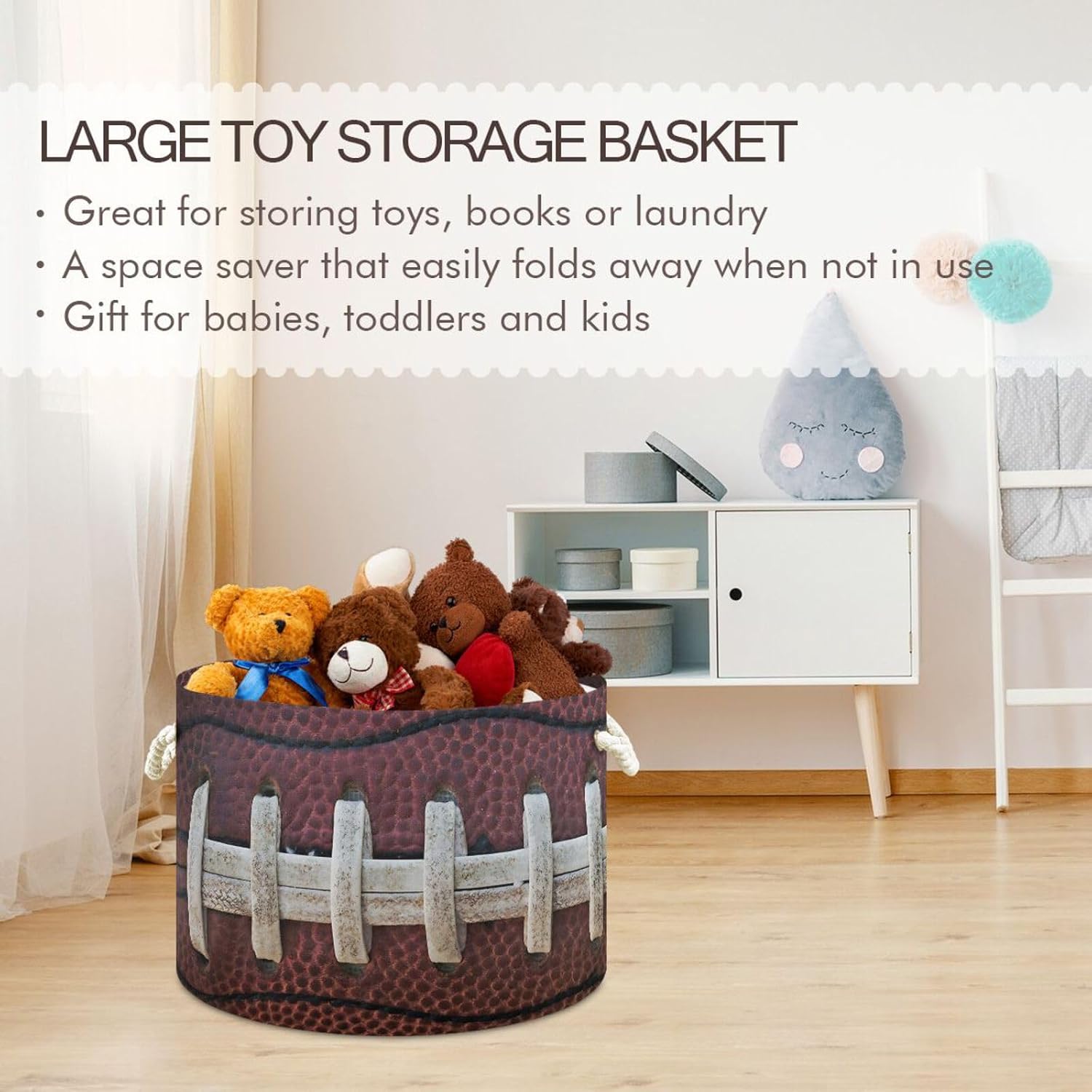 Football Print Round Storage Basket Collapsible with Handle
