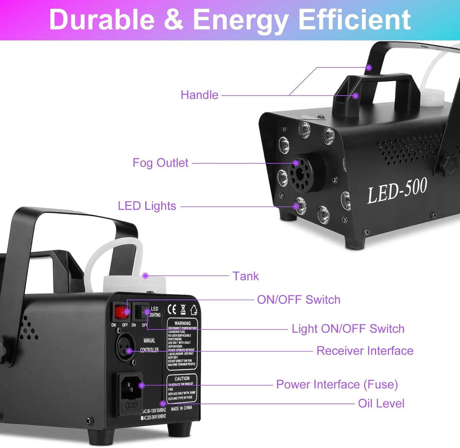 TeqHome Fog Machine, Smoke Machine with 13 Colorful LED Lights Effect, 500W 2000CFM Colorful Smoke Machine with Wireless and Wired Remote Control, for Halloween, Party, Wedding, DJ Stage