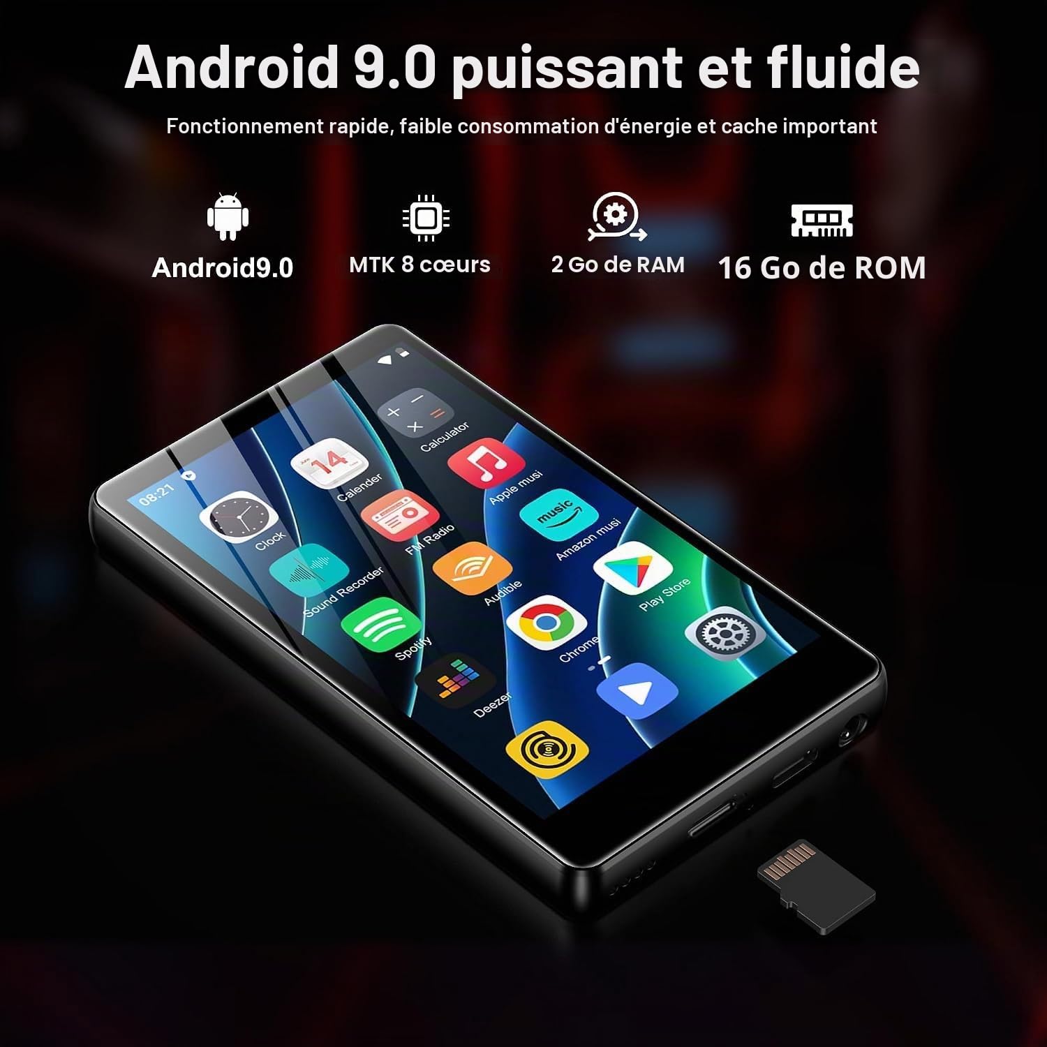 SWOFY Lecteur MP3 et MP4 Android, écran tactile de 4,0" avec Bluetooth et Wi-Fi, prend en charge Spotify, Pandora, Amazon Music, Libby, Audible et navigateur, mémoire extensible jusqu'à 1 To, noir