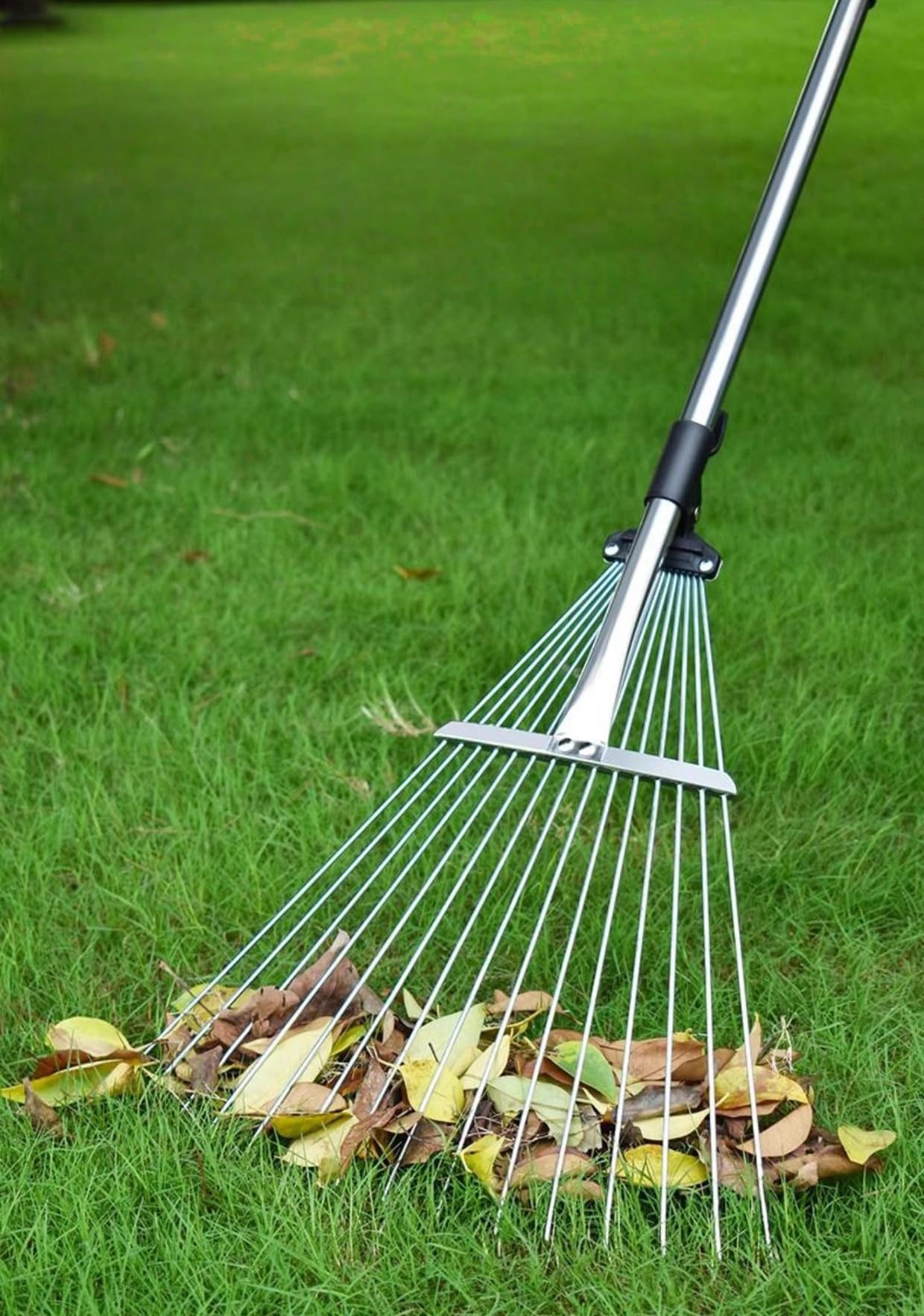 Rastrello da giardino per foglie, rastrello regolabile in metallo resistente per prati, manico lungo 85-175 cm con testa espandibile 17-37 cm, attrezzi da giardino per cortile, prato, arbusti, aiuole