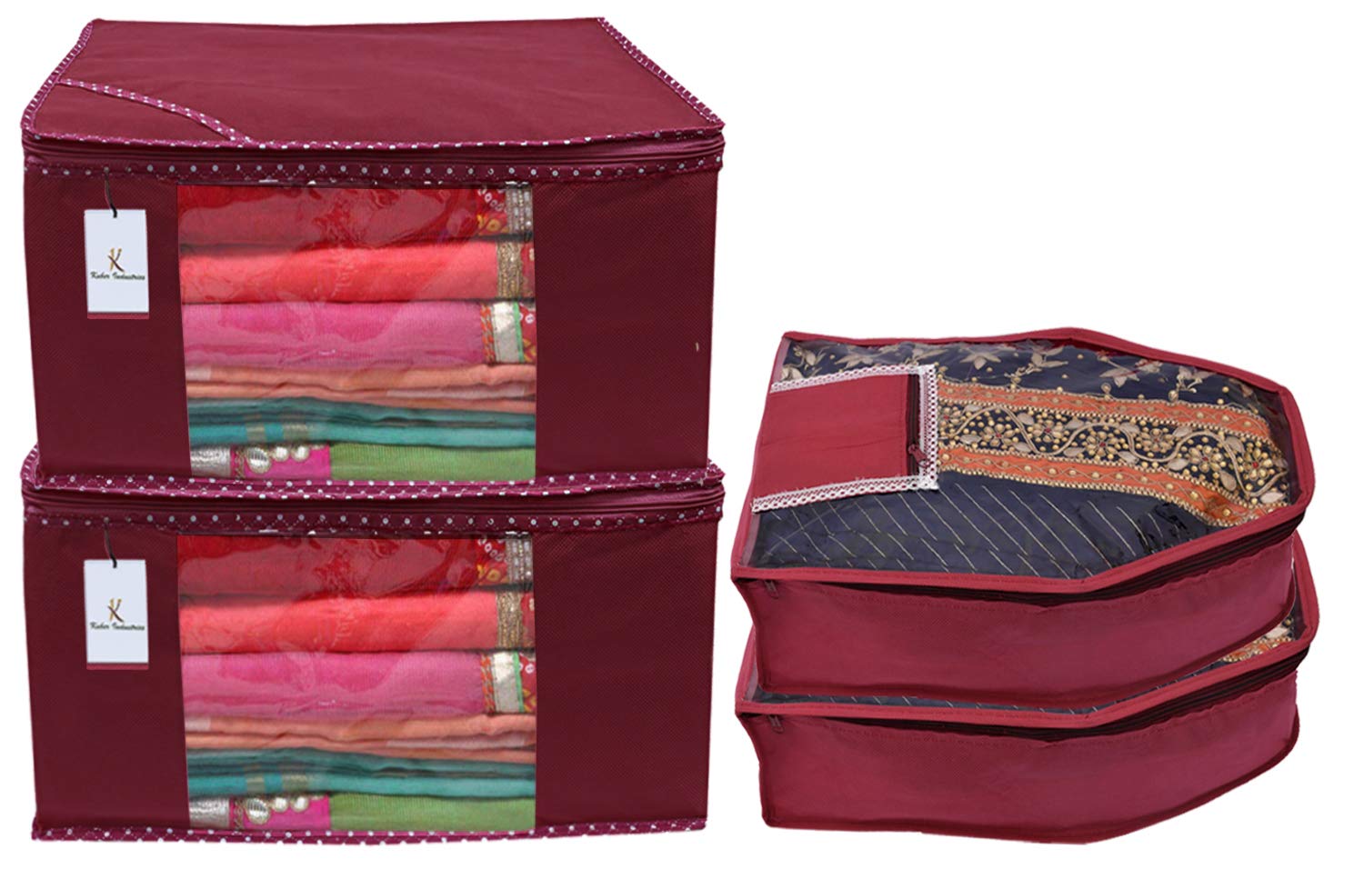 Kuber Industries Non Woven 2 Pieces Saree Cover/Cloth Wardrobe Organizer and 2 Pieces Blouse Cover Combo Set (Maroon)-CTKTC045340