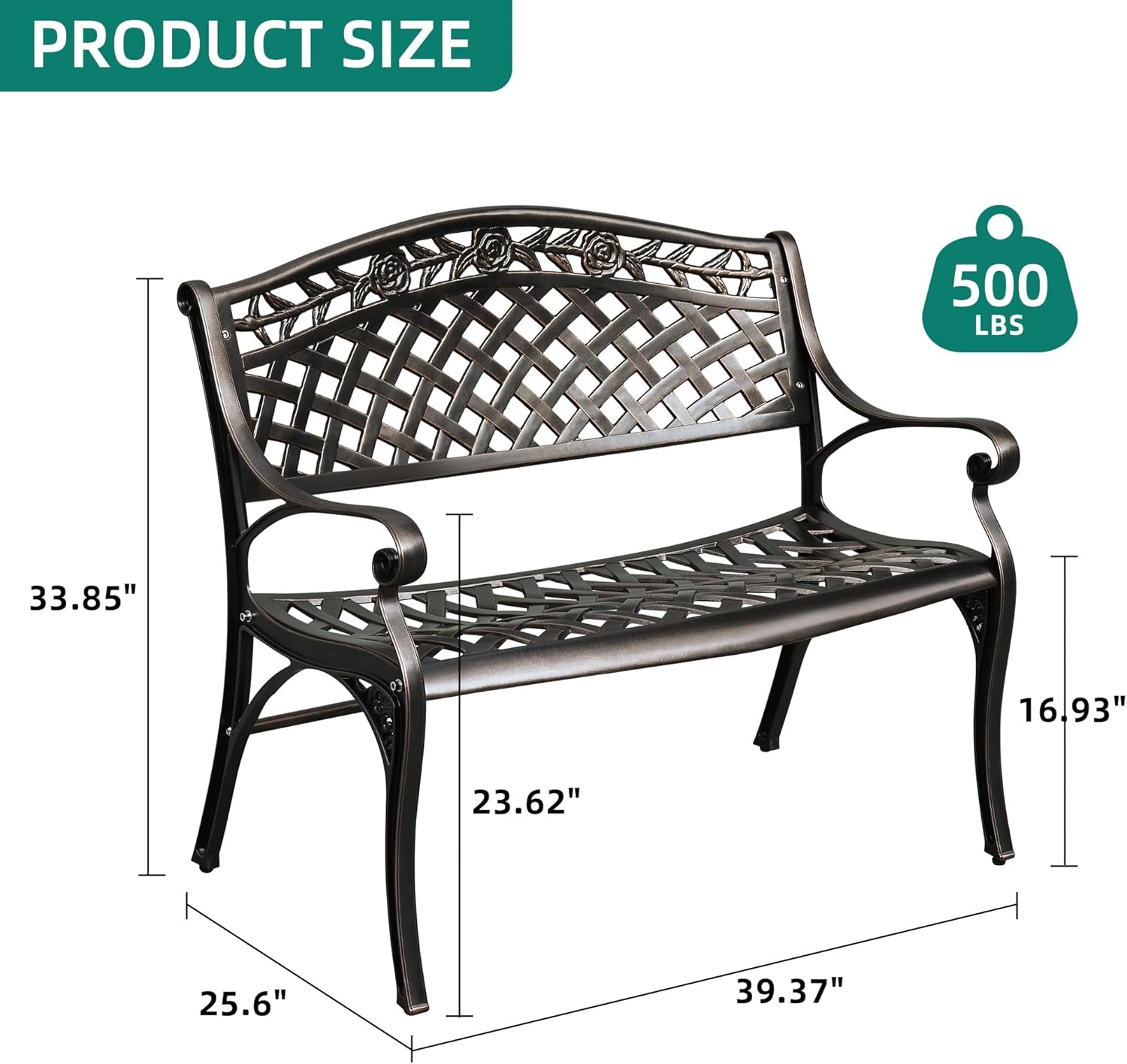 YITAHOME Cast Aluminum Outdoor Bench for 2 Persons, 39.4'' Heavy Duty Rust Free Patio Garden Bench for Front Porch Yard Lawn Entryway Deck, Park Bench, Outdoor Benches, Bronze