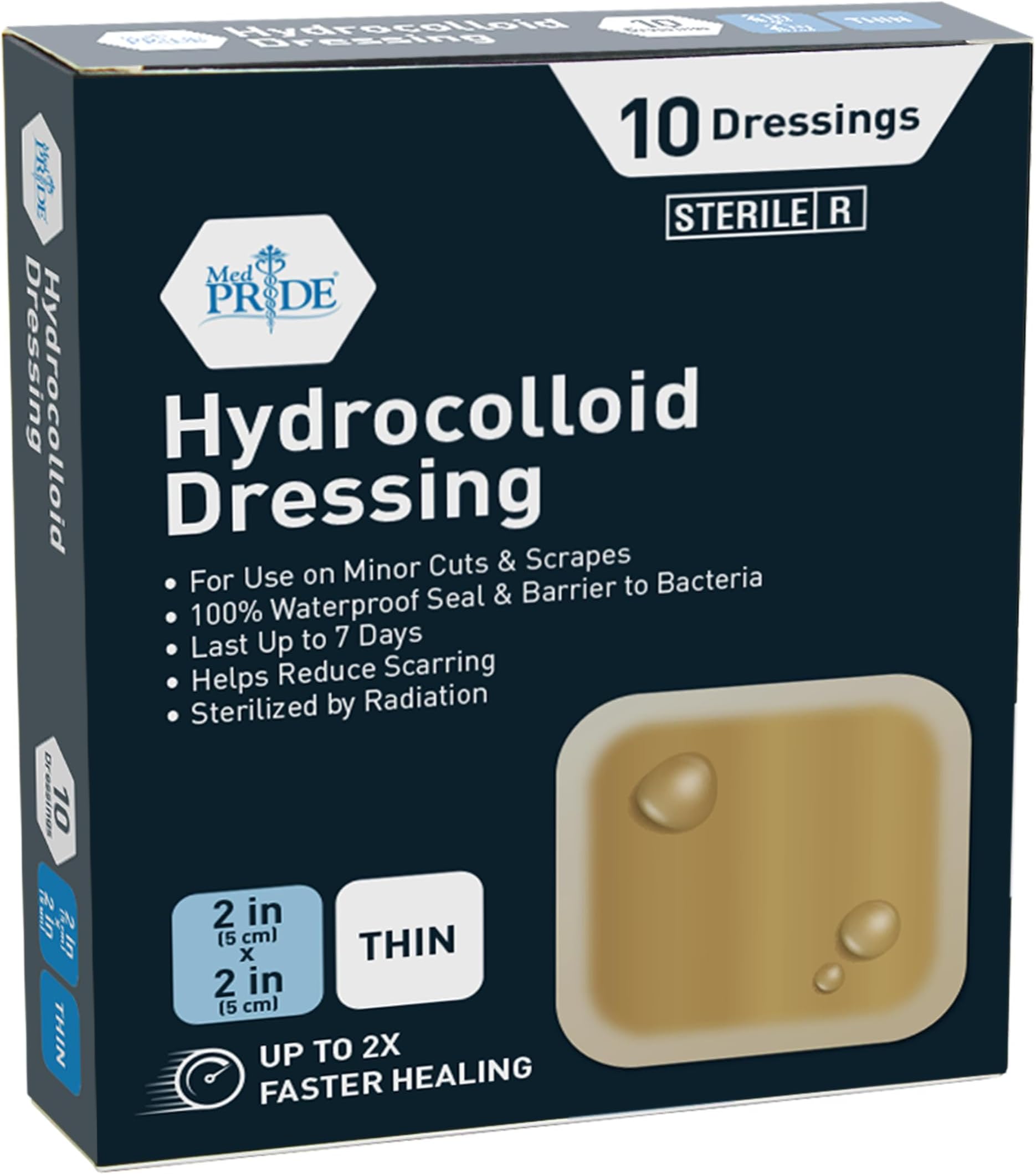 MED PRIDE Hydrocolloid Wound Dressing Pads| 10-Pack, Sterile Adhesive Patches| Individually Packed, Highly Absorbent, Water-Resistant & Comfortable Thin 2'' x 2''