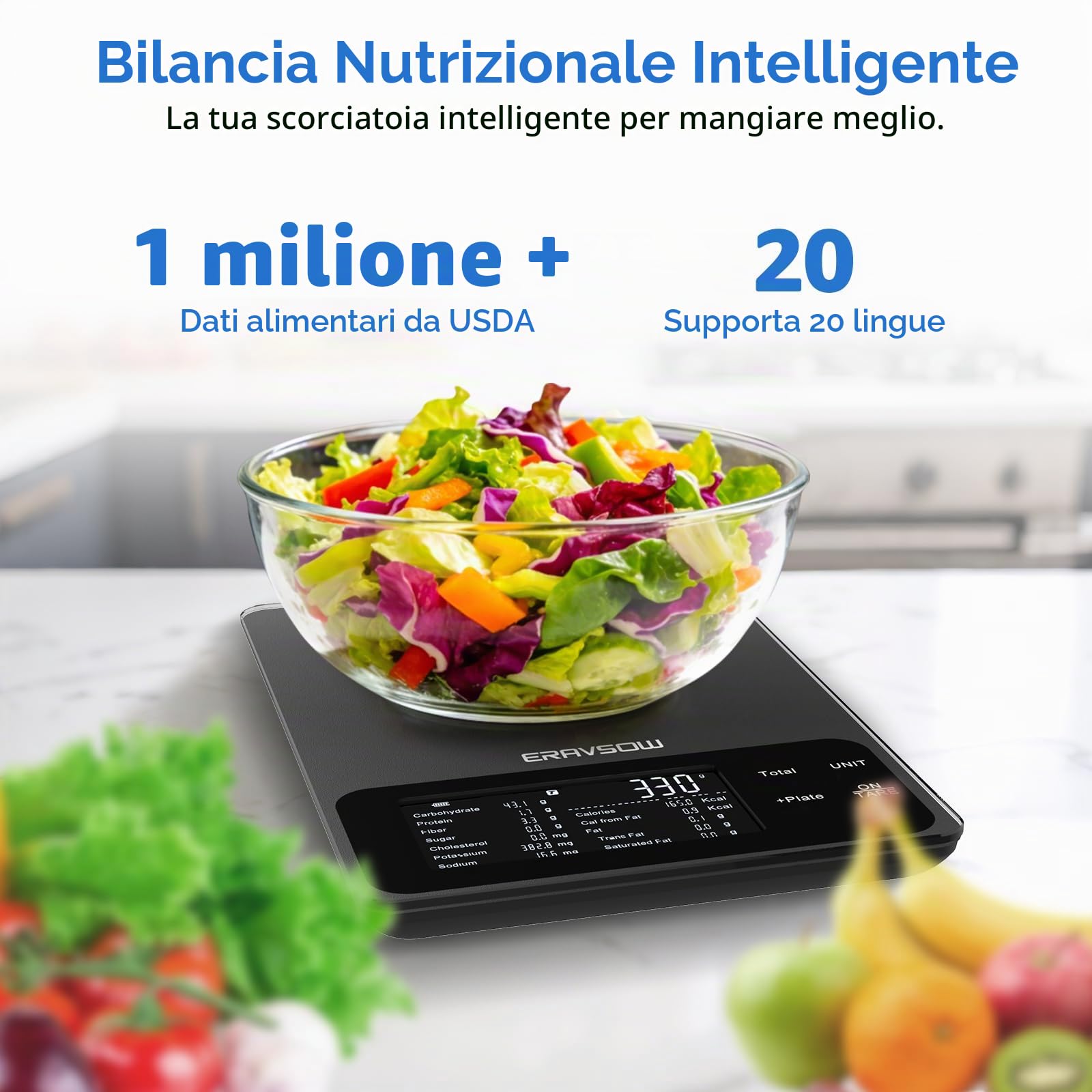 Smart Food - Bilancia da cucina con calcolatrice nutrizionale, app 30 nutrienti per il monitoraggio di calorie, grassi, carboidrati e proteine, obiettivi personali e rapporti giornalieri, informazioni