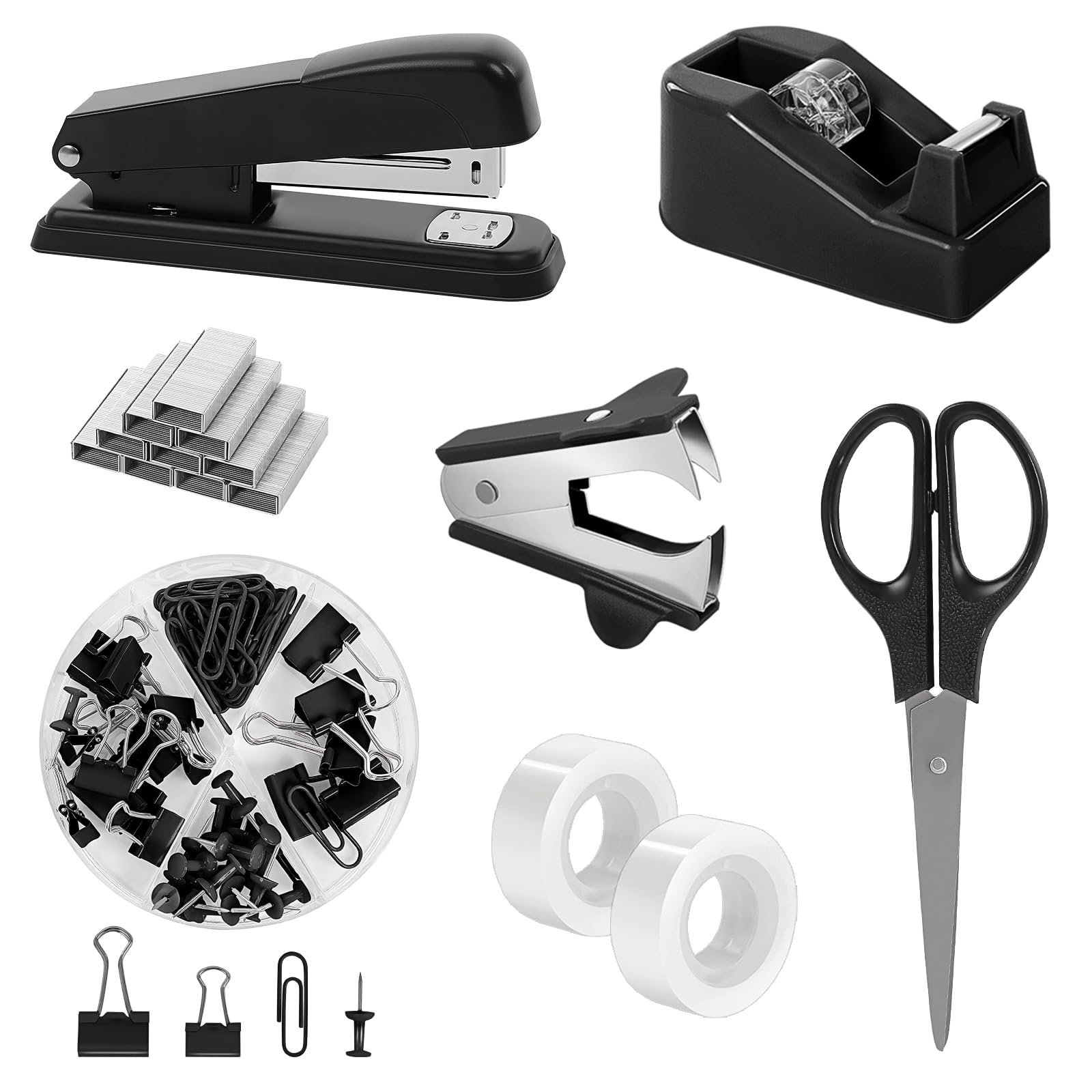 SKYDUE Black Office Supplies Set, Black Desk Accessories, Stapler, Tape Dispenser, Scissors, Binder/Paper Clips and 1000pcs Staples, Desk Supplies Set