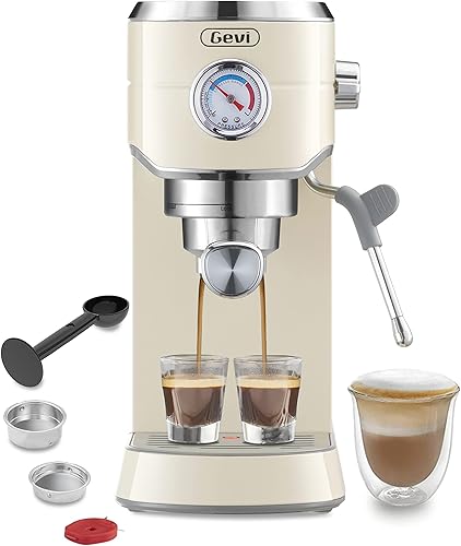 Gevi Máquina de café expreso profesional compacta de 20 barras con espumador de lechevarita de vapor para expreso café con leche y capuchino acero