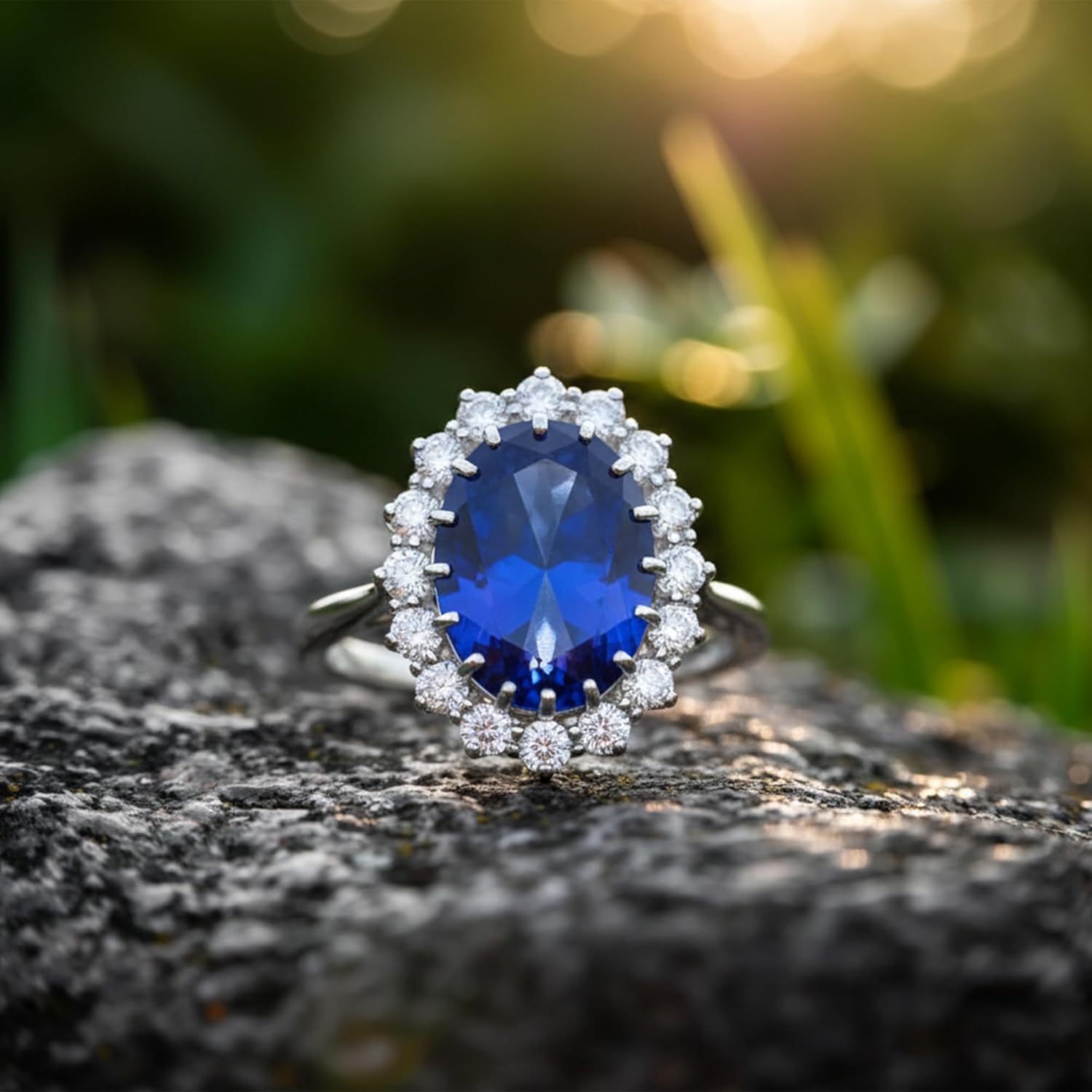 REAL-GEMS 4.5Ct Blue Sapphire Oval Halo Ring Zirconia Accents Silver And 14K Gold Options Sizes 4-12 Womens Jewelry