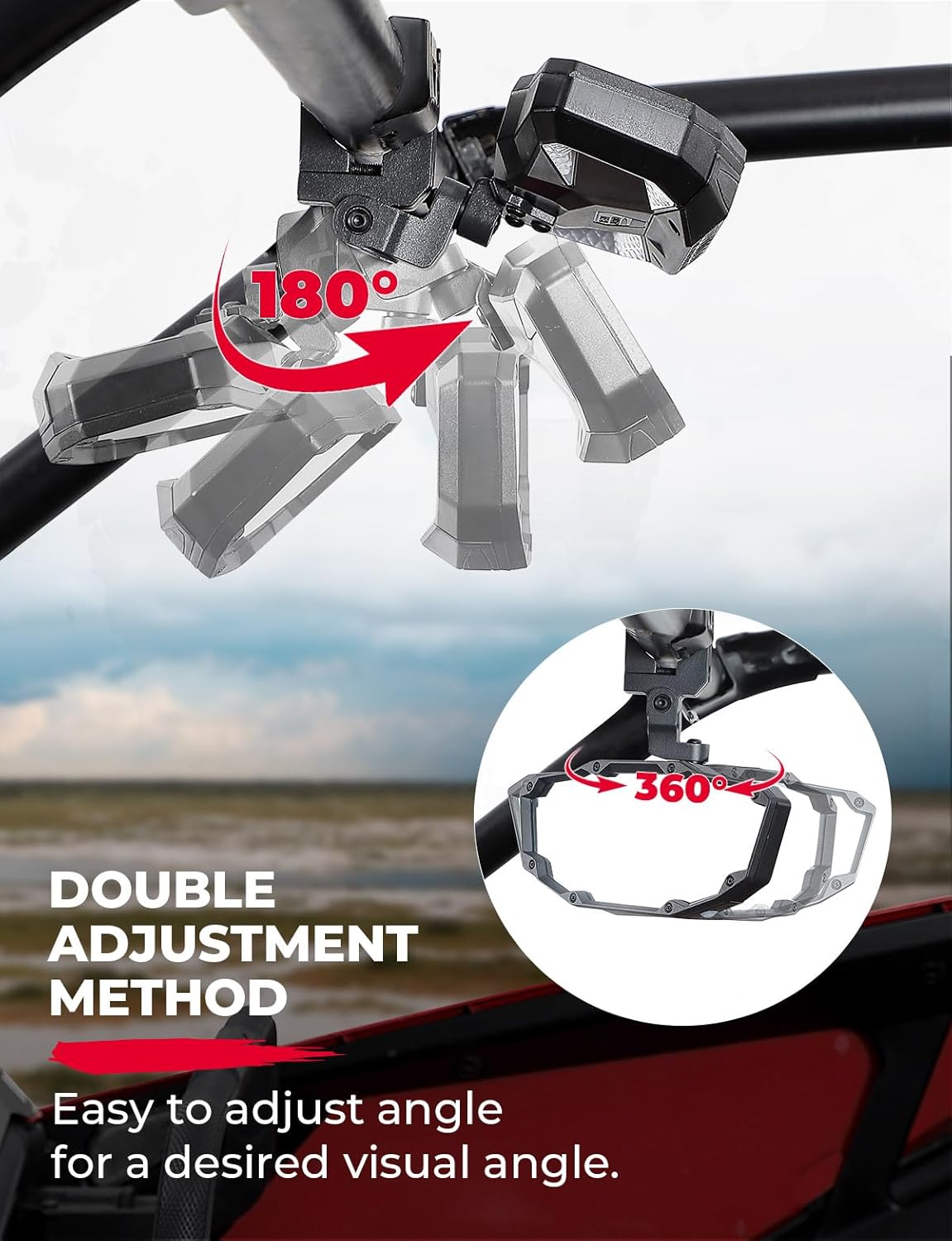 KEMIMOTO UTV Rear View Mirror with Light Built-in Rechargeable Battery, 360° Adjustable Heavy-Duty UTV Mirror Fits 1.5-2 inch Roll Bar Compatible with Polaris RZR Kawasaki Mule Pioneer Talon Can Am X3
