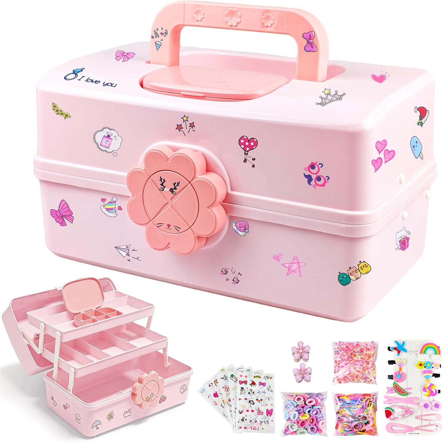 Hair Accessories Organizer, 3-Layer Plastic Storage Box with Handle,L-Pink