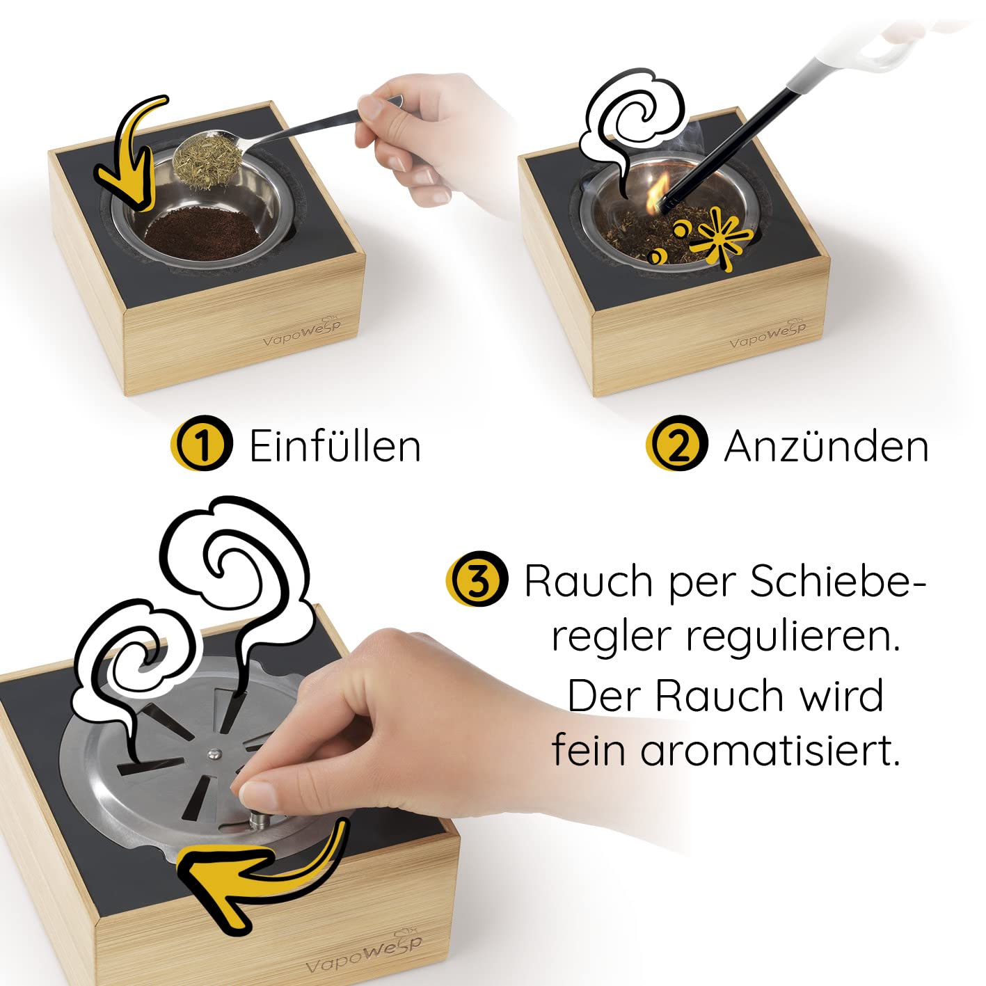 VapoWesp Pulver-Set alle 4 Sorten je 100g | Orange & Rosemary, Apple & Mint, Lemon & Basil, Hay Flowers & Thyme | Aromatischer Duft für die VapoWesp Räucherbox
