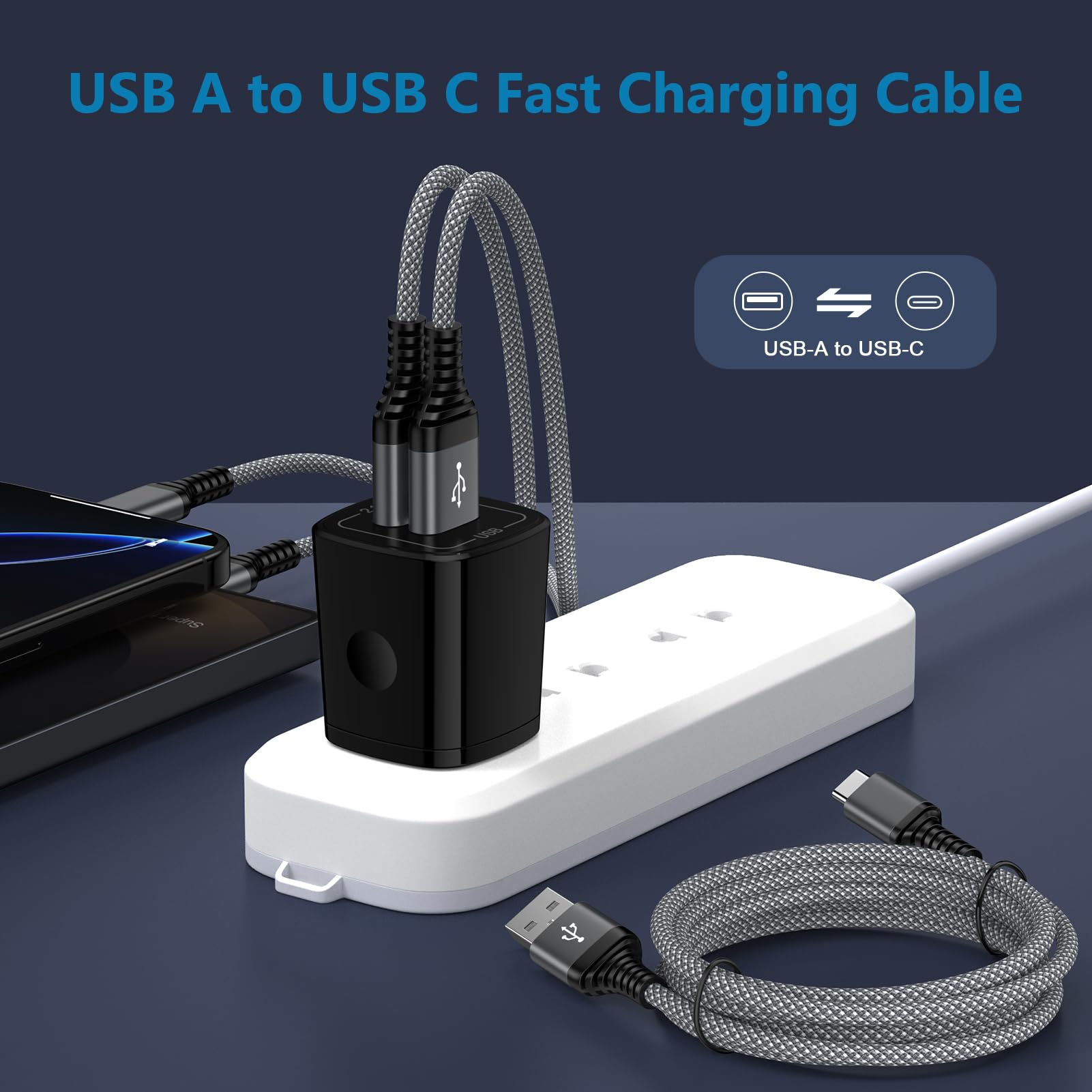 Cable de carga USB A a USB C para iPhone 17 16 15 Pro Max Air 16e 16 15 Plus Cable Carplay para coche, cable trenzado de carga rápida para Galaxy S25 A17 A16