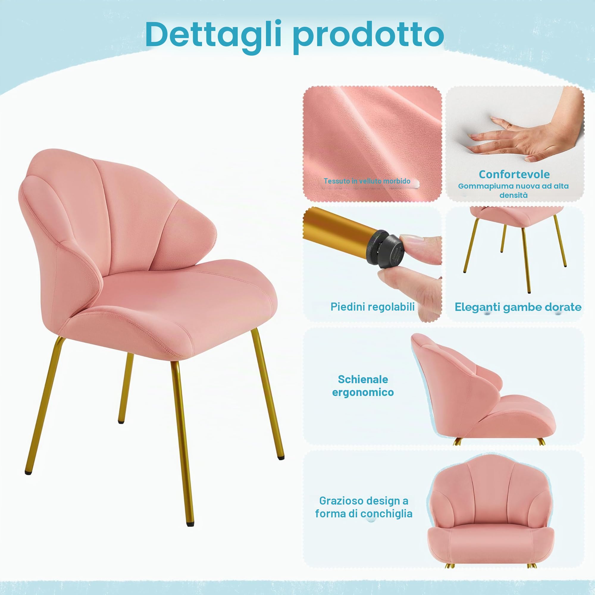Yaheetech Set 2 Sedie da Salotto Moderna Design a Conchiglia Sedia Imbottita da Soggiorno Poltrona in Velluto Camera da Letto Sedie con Schienale Gambe in Metallo Portata 136 KG Rosa/2 Pezzi