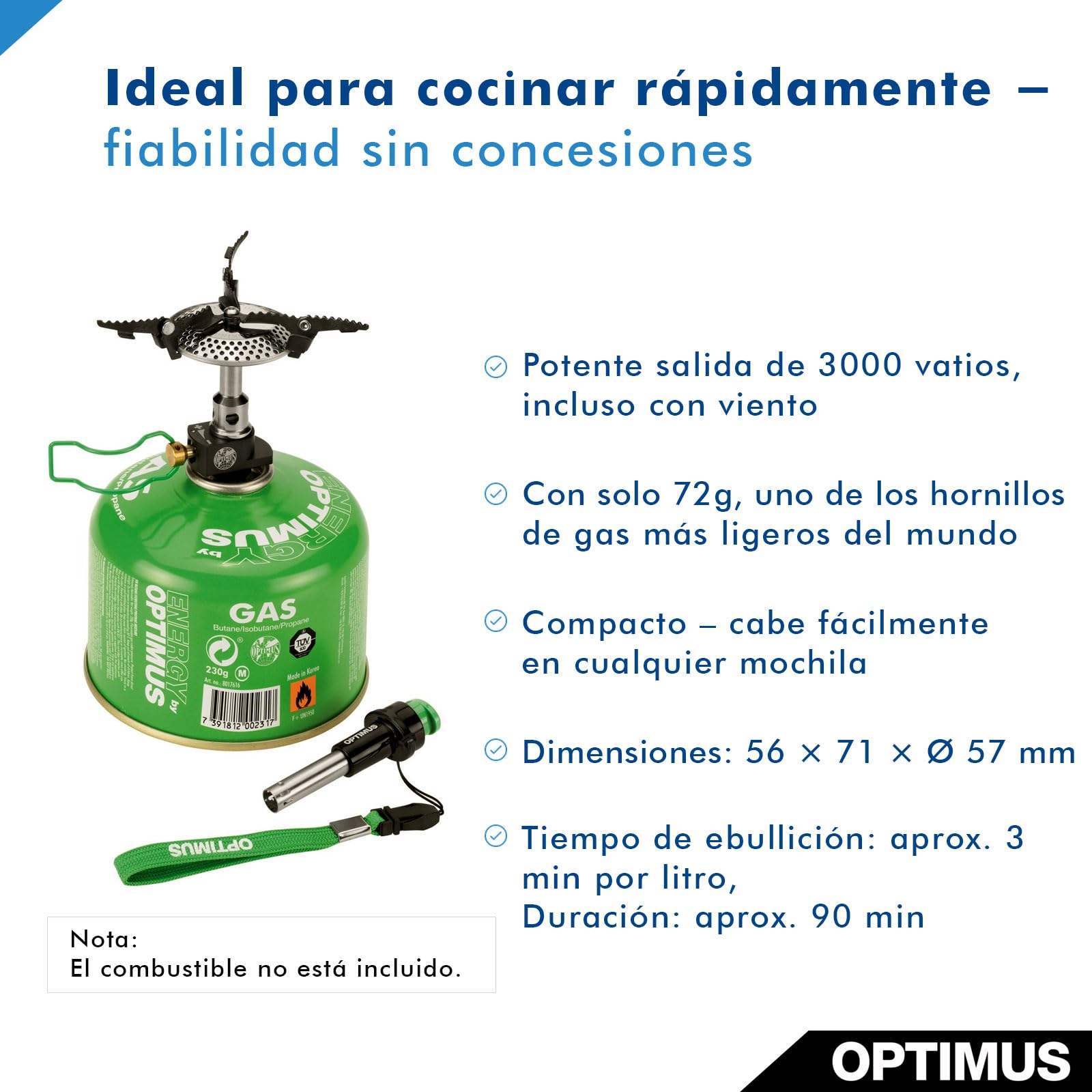 Hornillo de Gas Optimus Crux Lite con Encendido piezoeléctrico para Exterior y Camping – Ultraligero 72 g | Potencia 3000 W | Incluye Encendedor y Bolsa de Transporte