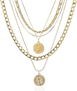 Gold Pirate Necklace for Women Layered Chunky Pirate Costume Jewelry Hip Hop 80s 90s Coin Pendant Necklace Halloween Pirate Costume Accessories