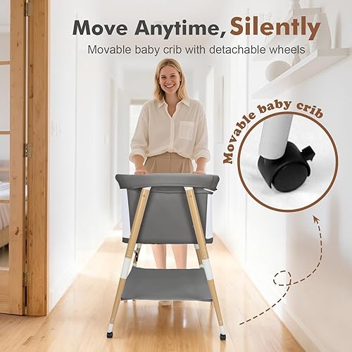 Miniatura 4 de Cuna de bebé, cuna de noche 3 en 1 para recién nacido, cuna portátil con 4 ruedas desmontables y altura ajustable, malla transpirable y colchón,