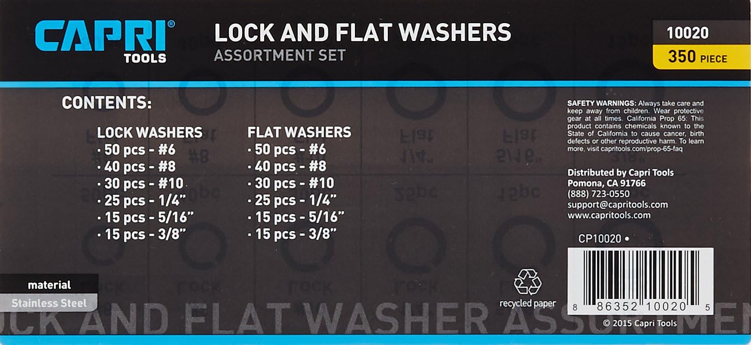 Capri Tools 10020 Flat and Lock Washers Assortment, Stainless Steel, 350-Piece